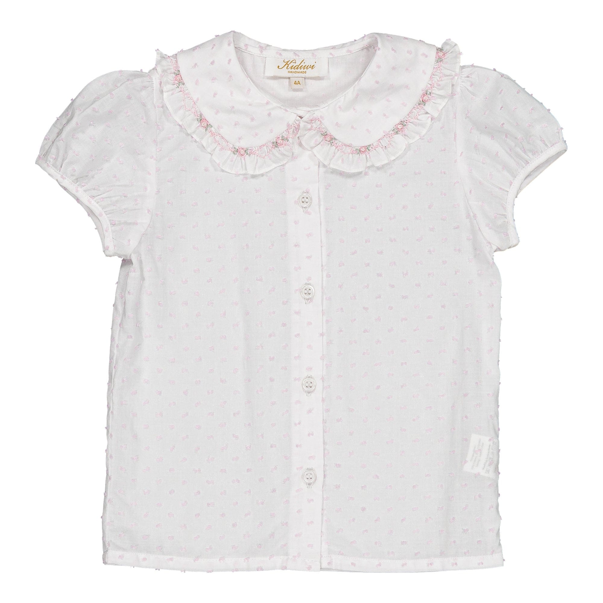 Lorena, chemisier pour fille, en voile blanc avec plumetis rose