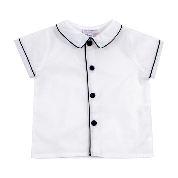 Lucien, boy shirt with navy piping on its mac milan collar and short sleeves, in White poplin