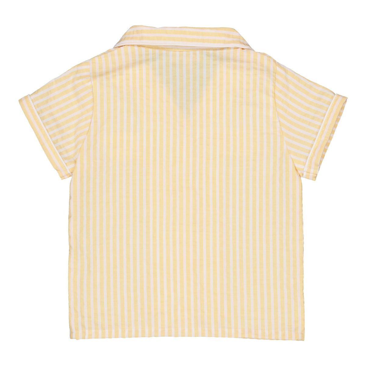 Lupin, boy shirt with lapel collar and short sleeves, in Yellow and white seersucker stripes