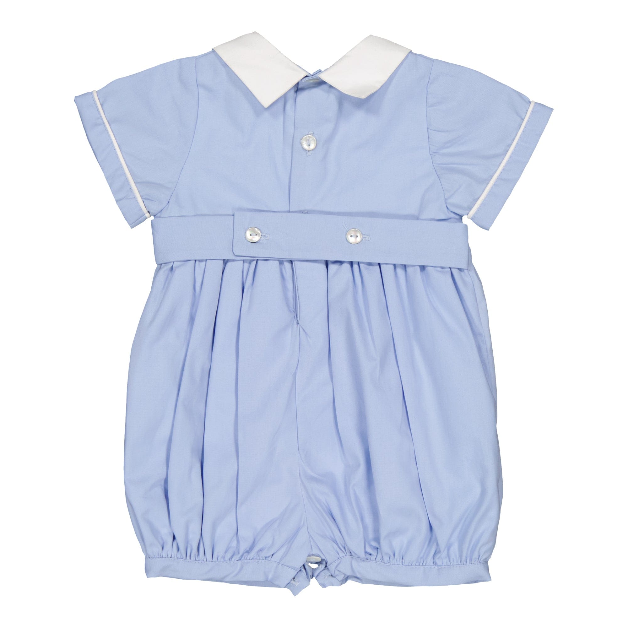 Mathéo, barboteuse smockée pour garçon, en popeline bleu barbeau TU275 - Popeline bleu barbeau