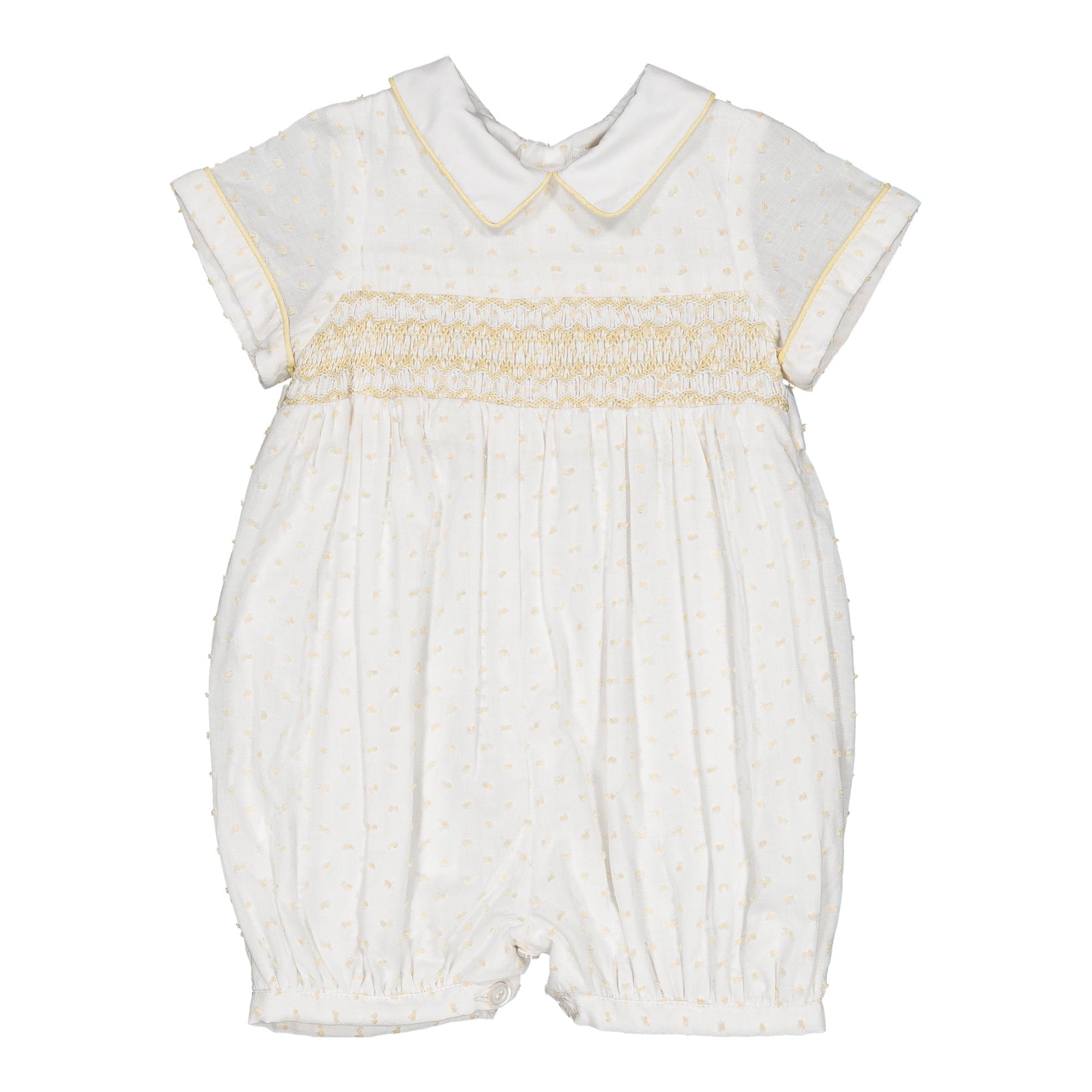 Mathéo, barboteuse smockée pour garçon, en voile blanc avec plumetis jaune