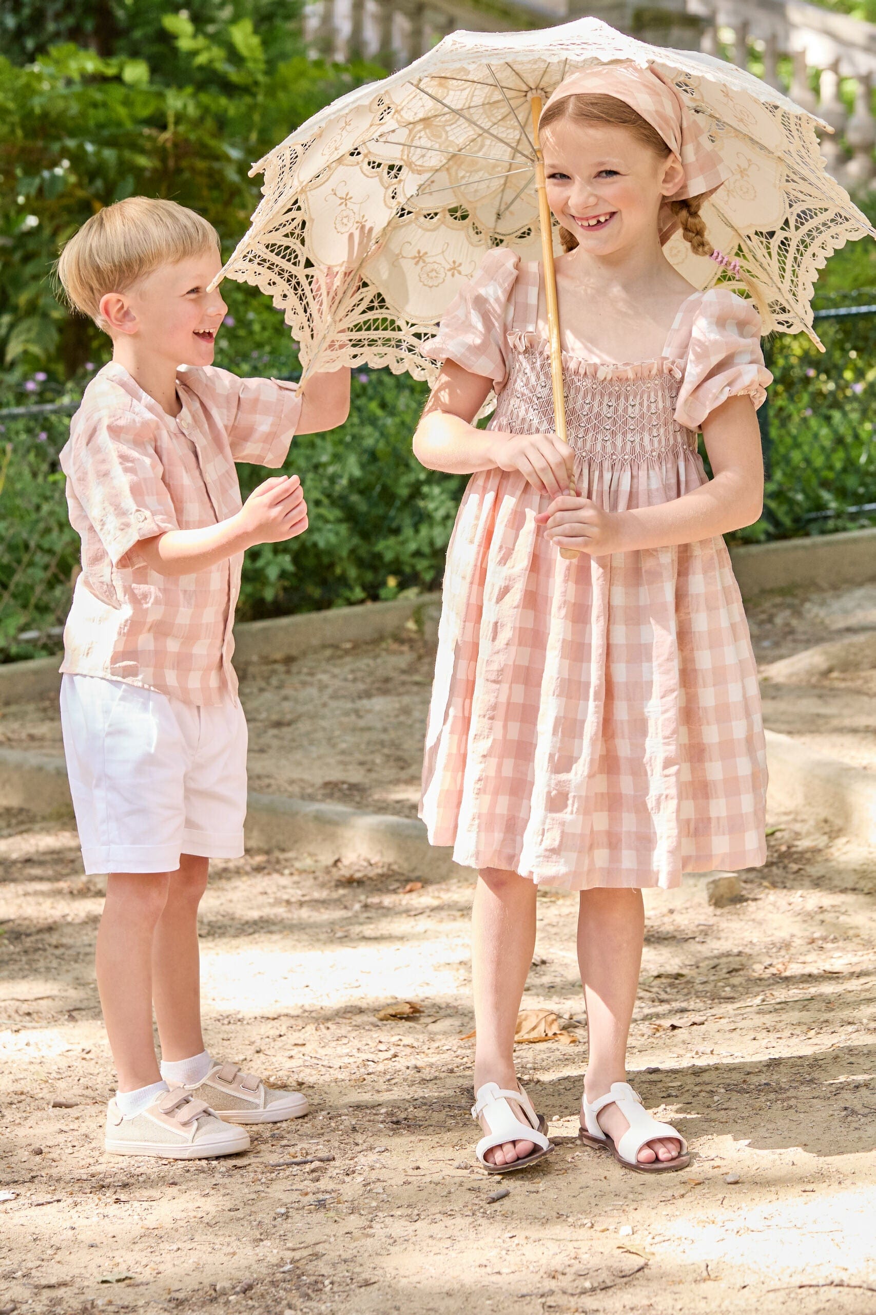 Maxence, chemise garçon en seersucker rose sable