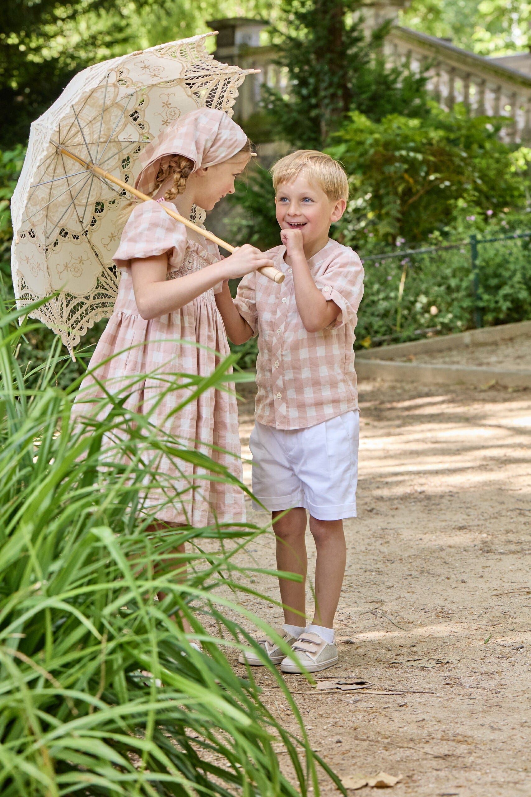 Maxence, chemise garçon en seersucker rose sable