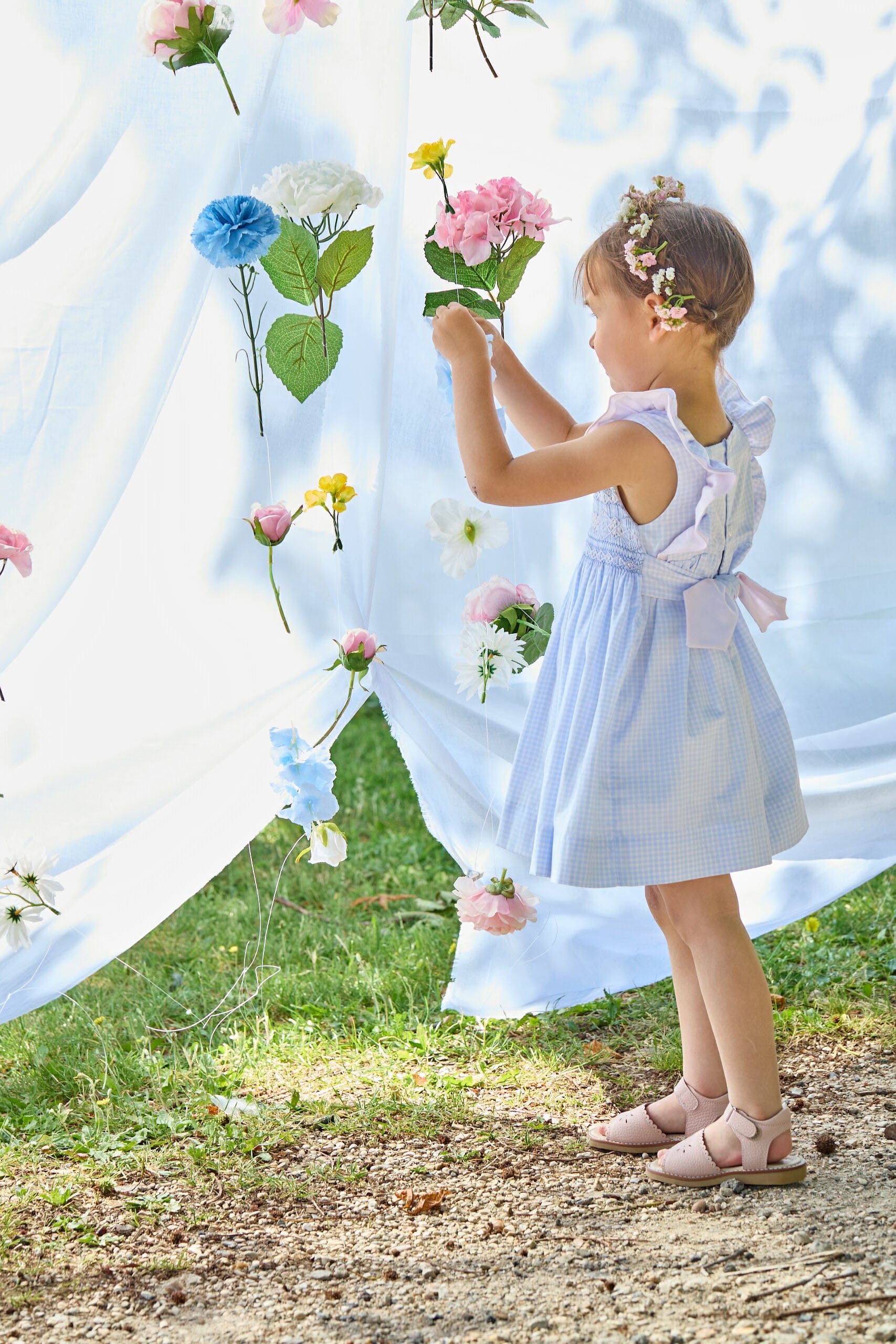 Mélina, robe smockée, en petit vichy bleu ciel