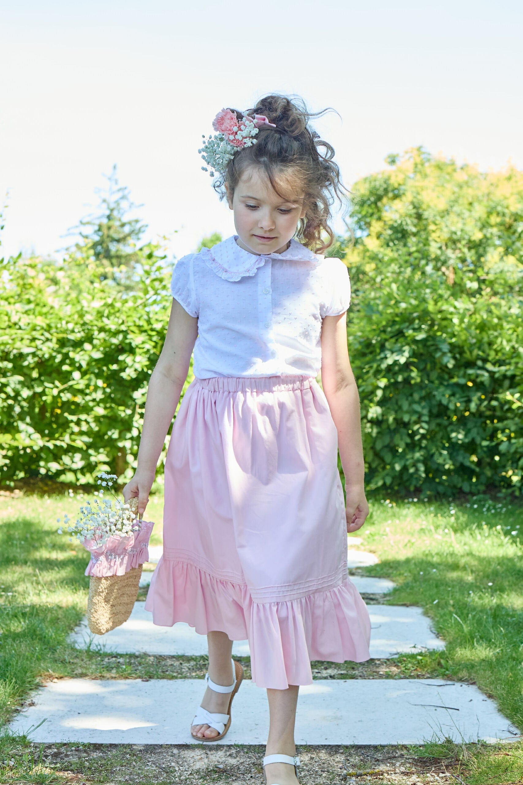 Mélissandre, midi skirt, in Fairy Tale pink Poplin