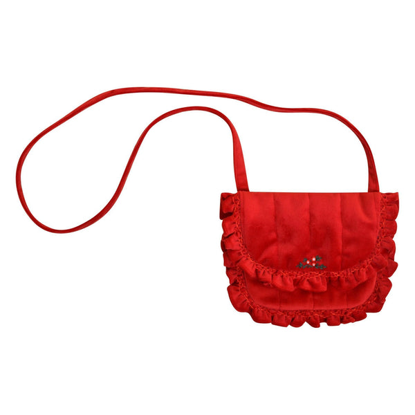 Mimosa, Embroidered shoulder bag, with small smocked ruffles, printed lining  (19x16cm), in Red velvet
