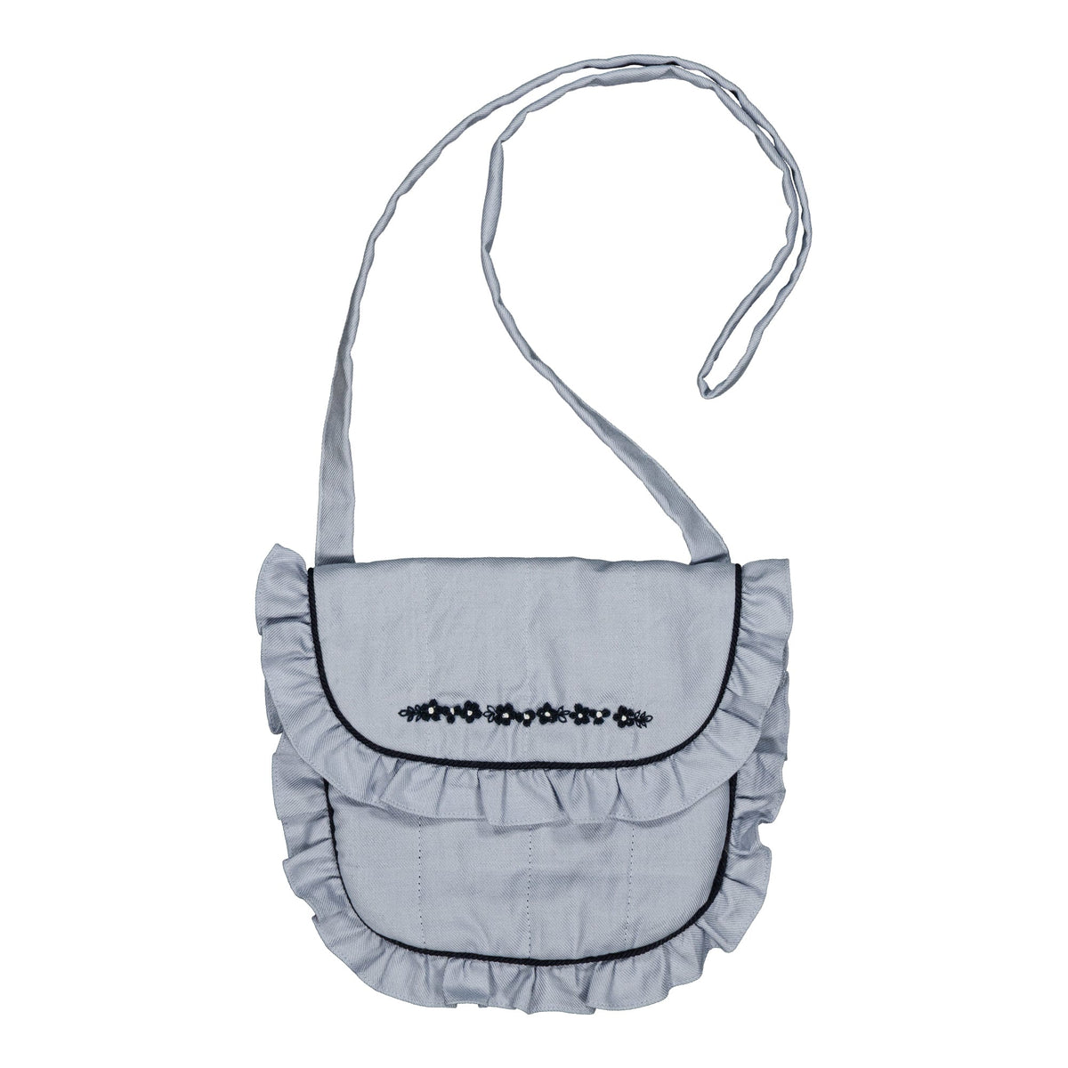 Mimosa,sac porté épaule brodé, en sergé de coton bleu