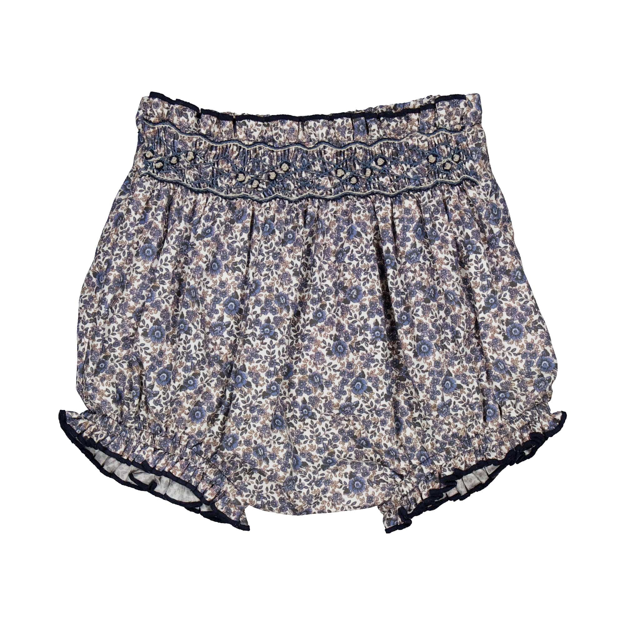 Myrtille, bloomer smocké imprimé bleu marine