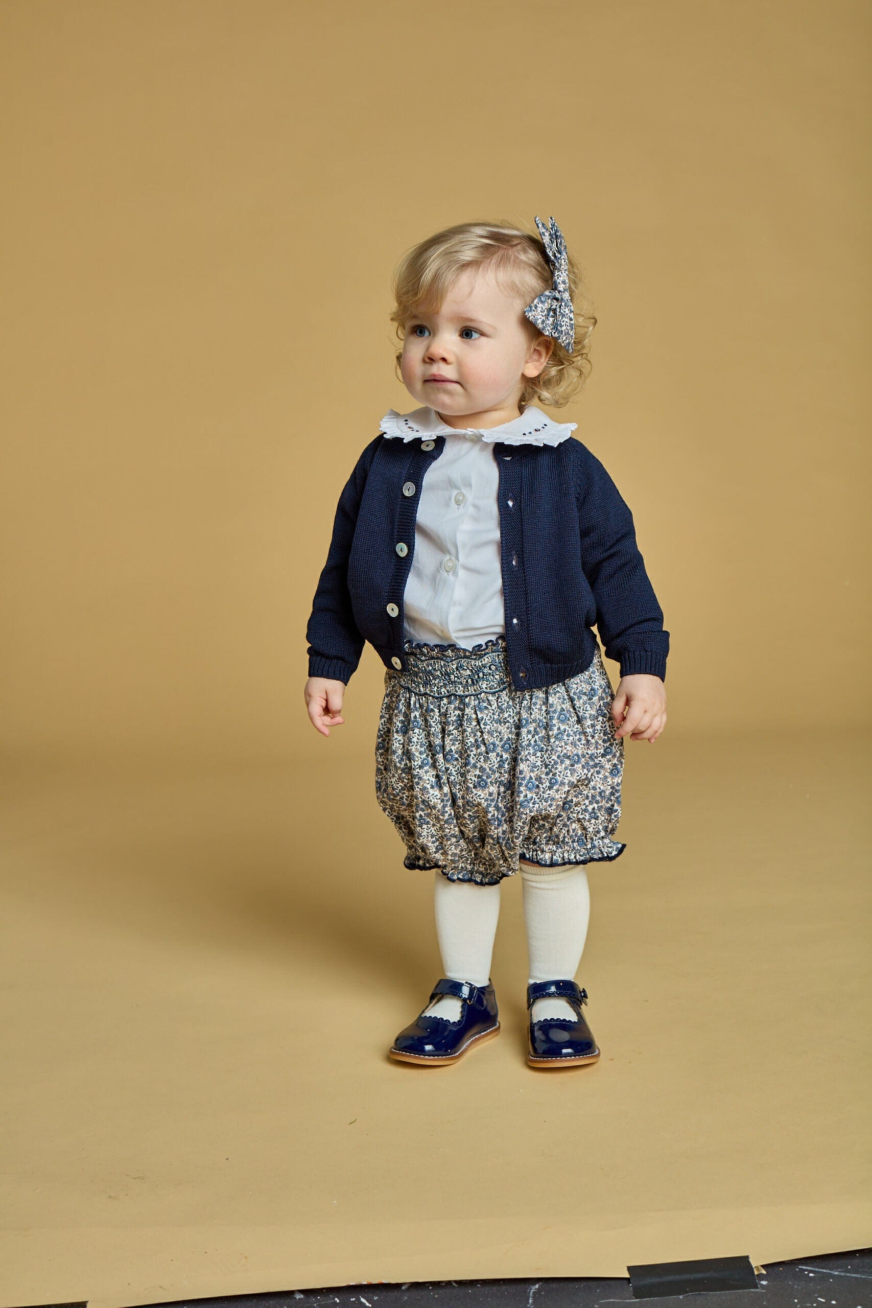 Myrtille, bloomer smocké imprimé bleu marine