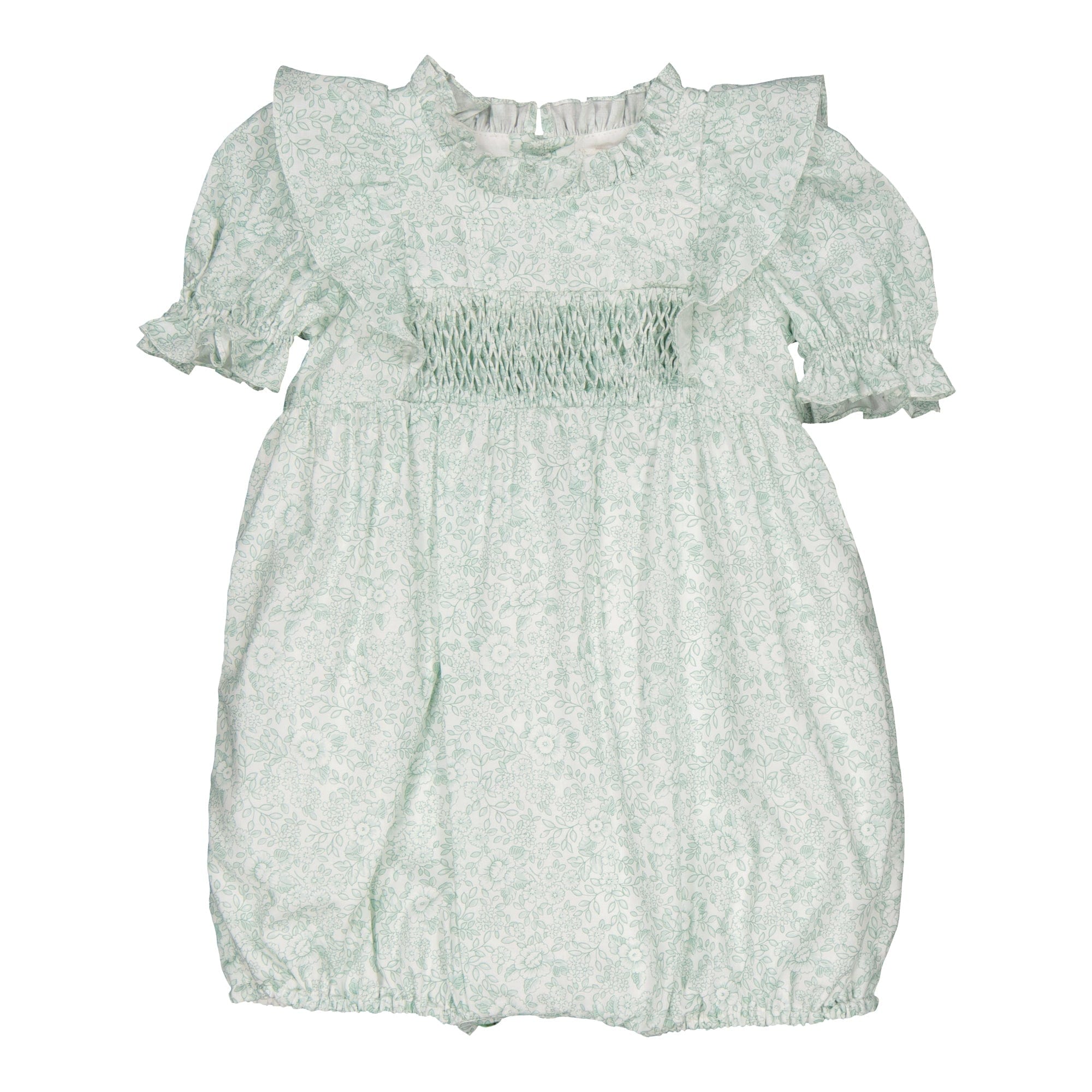 Nine, smocked baby girl romper, in Green print, toile de jouy style