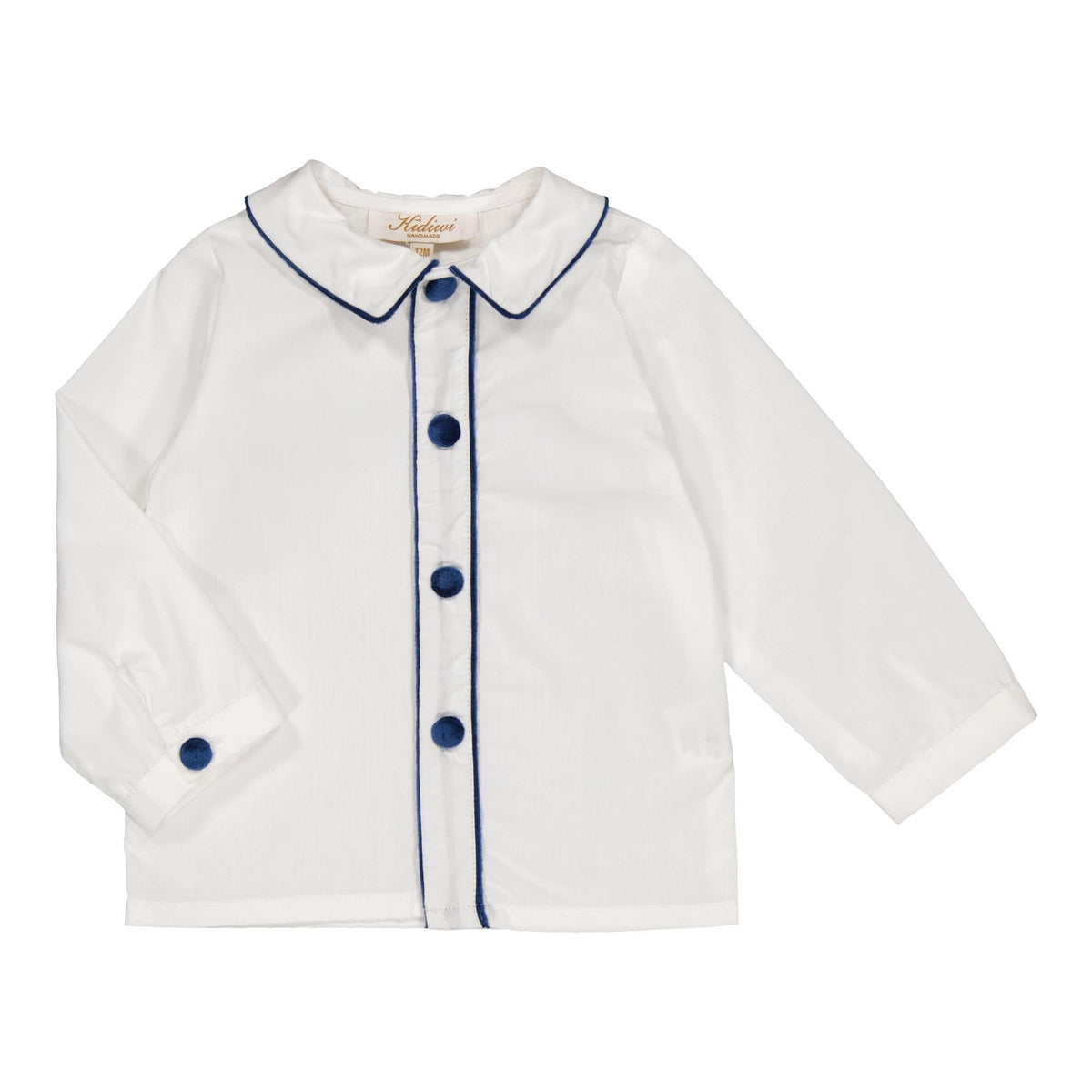 Noa, chemise en popeline blanche et passepoilée de velours marine