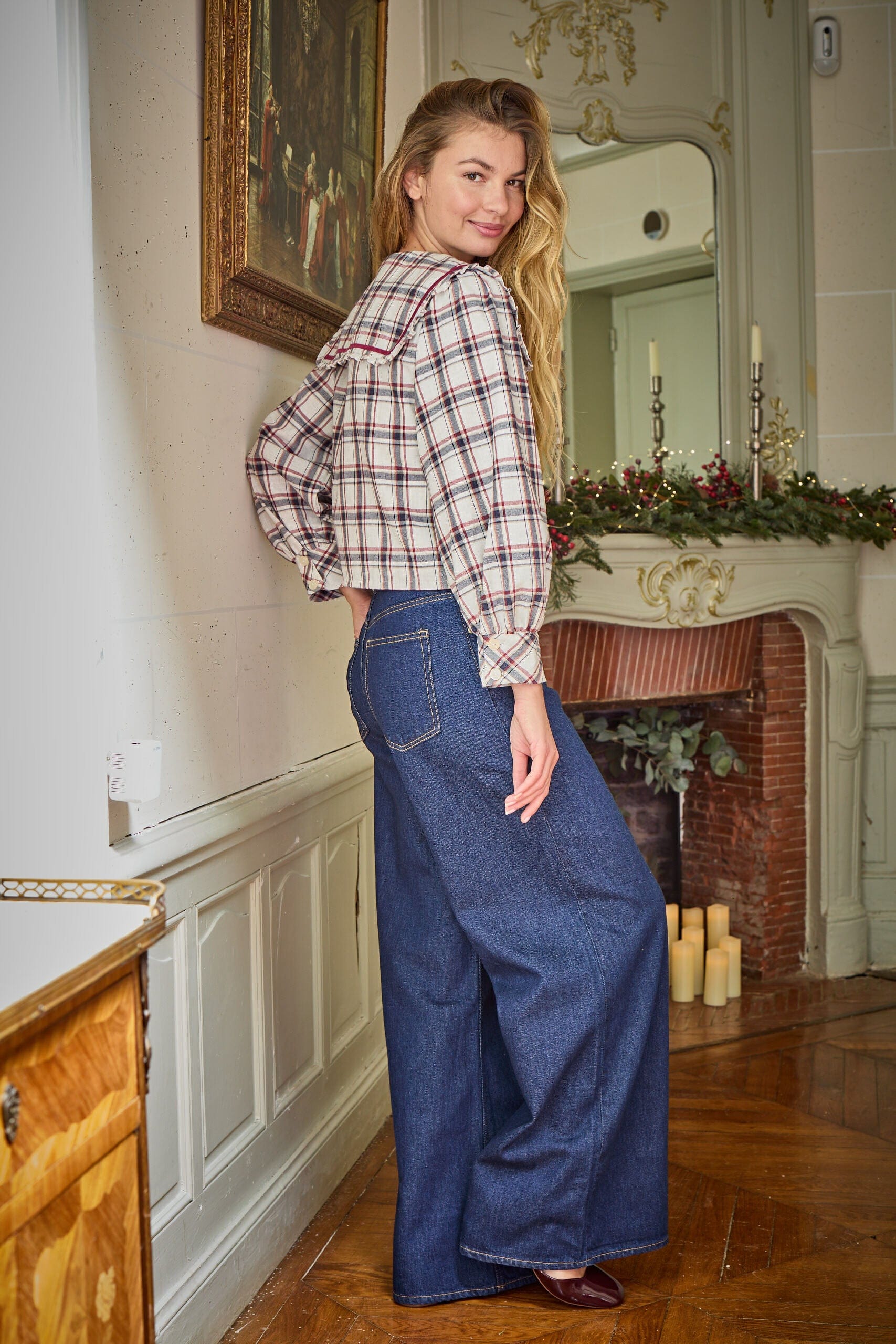 Paola, blouse femme en tartan marine/bordeaux