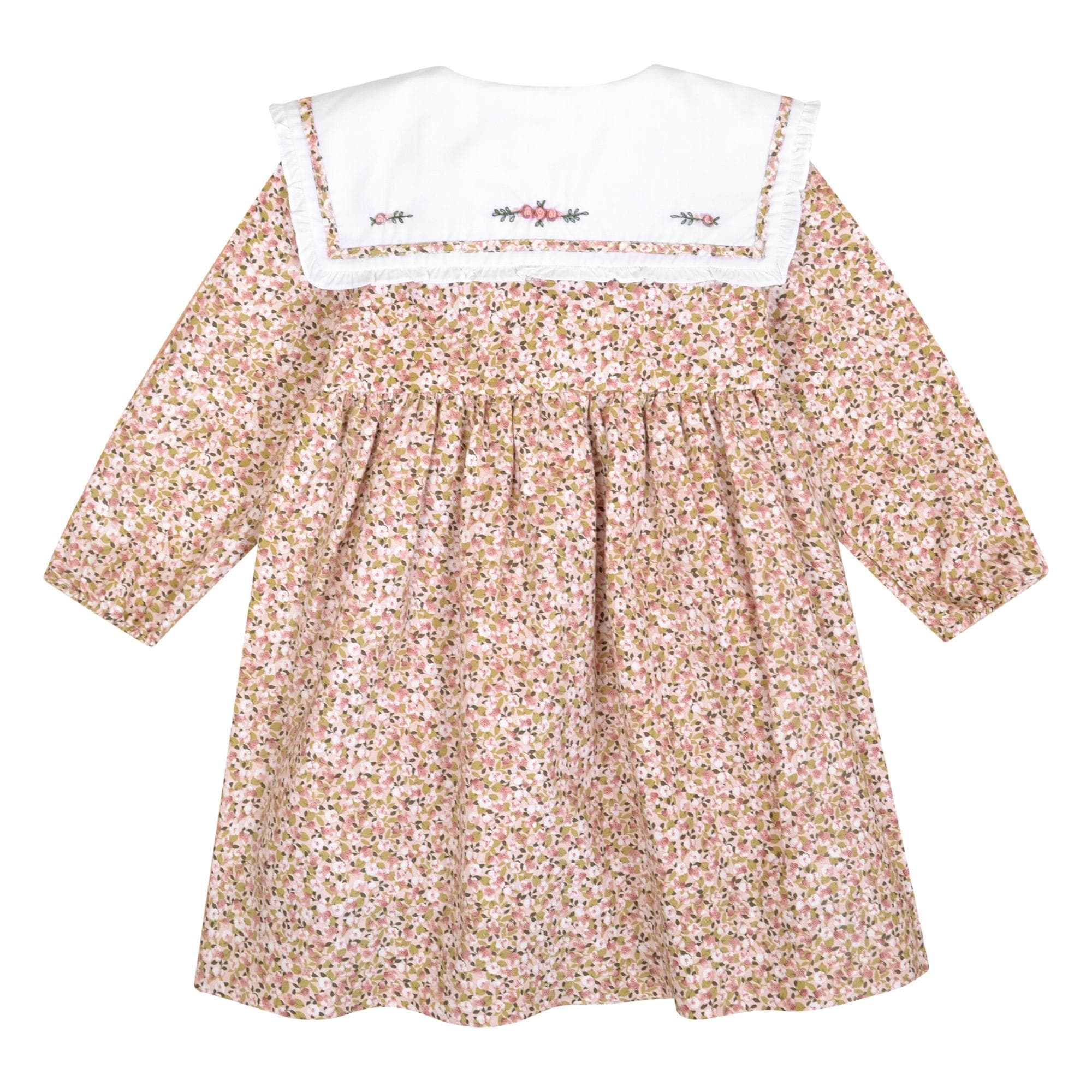 Paola, Robe à manches longues droites, col marin volanté avec broderie, ouverture devant, en imprimé fleuri rose et kaki - Paola, Dress with long straight sleeves, ruffled sailor collar with embroidery, front opening, in Pink and khaki flower print