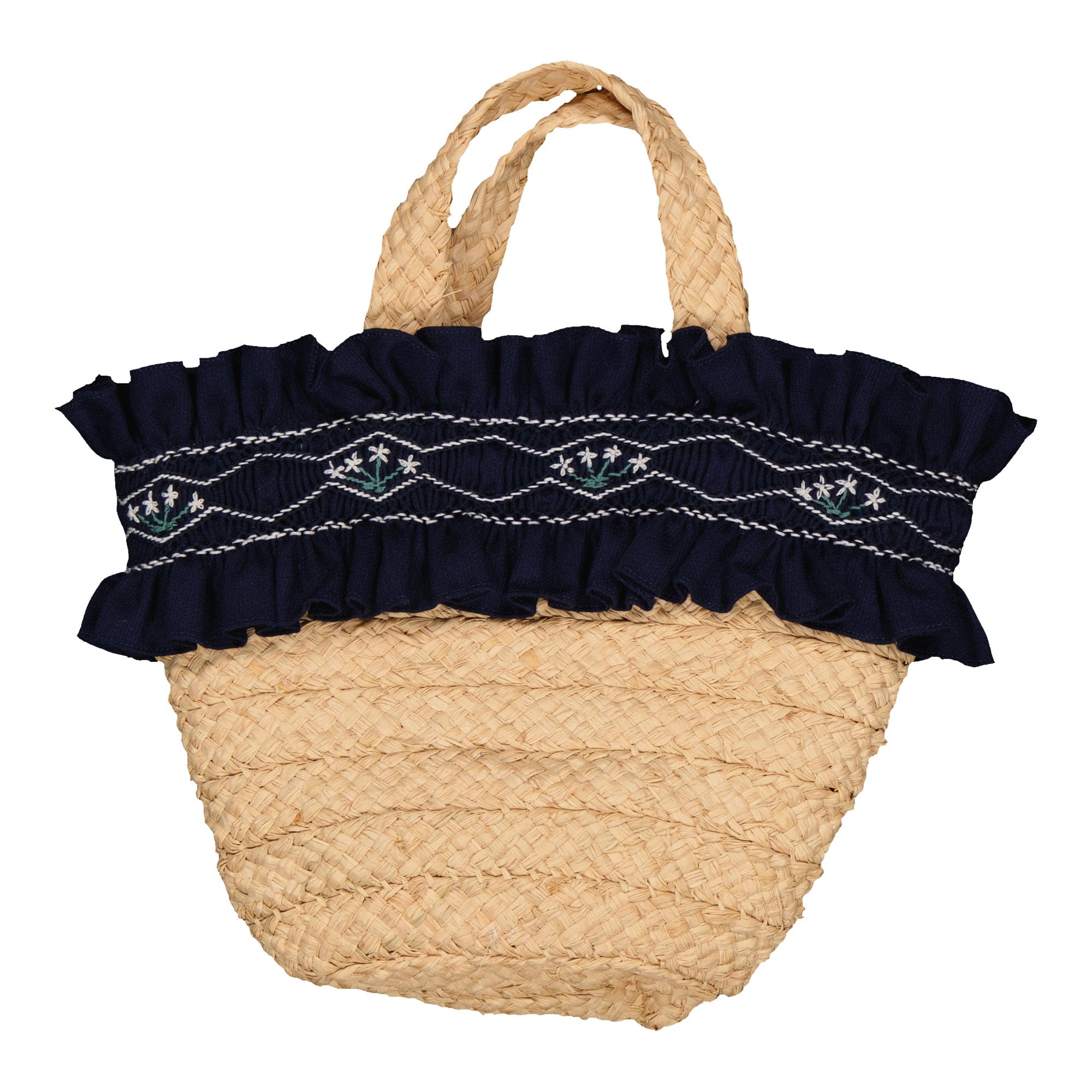 Pénélope, sac en raphia smocké, en piqué de coton bleu marine