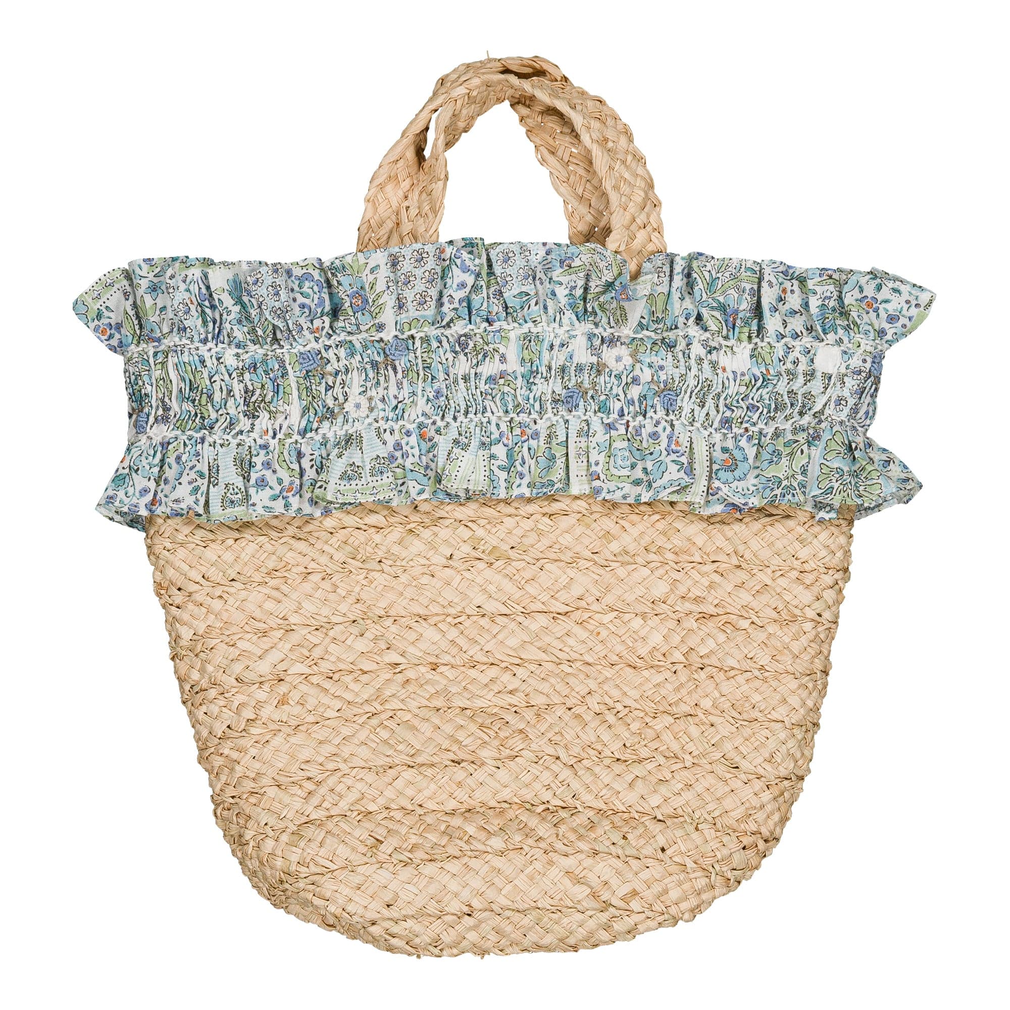 Pénelope, sac en raphia smocké, imprimé patchwork bleu
