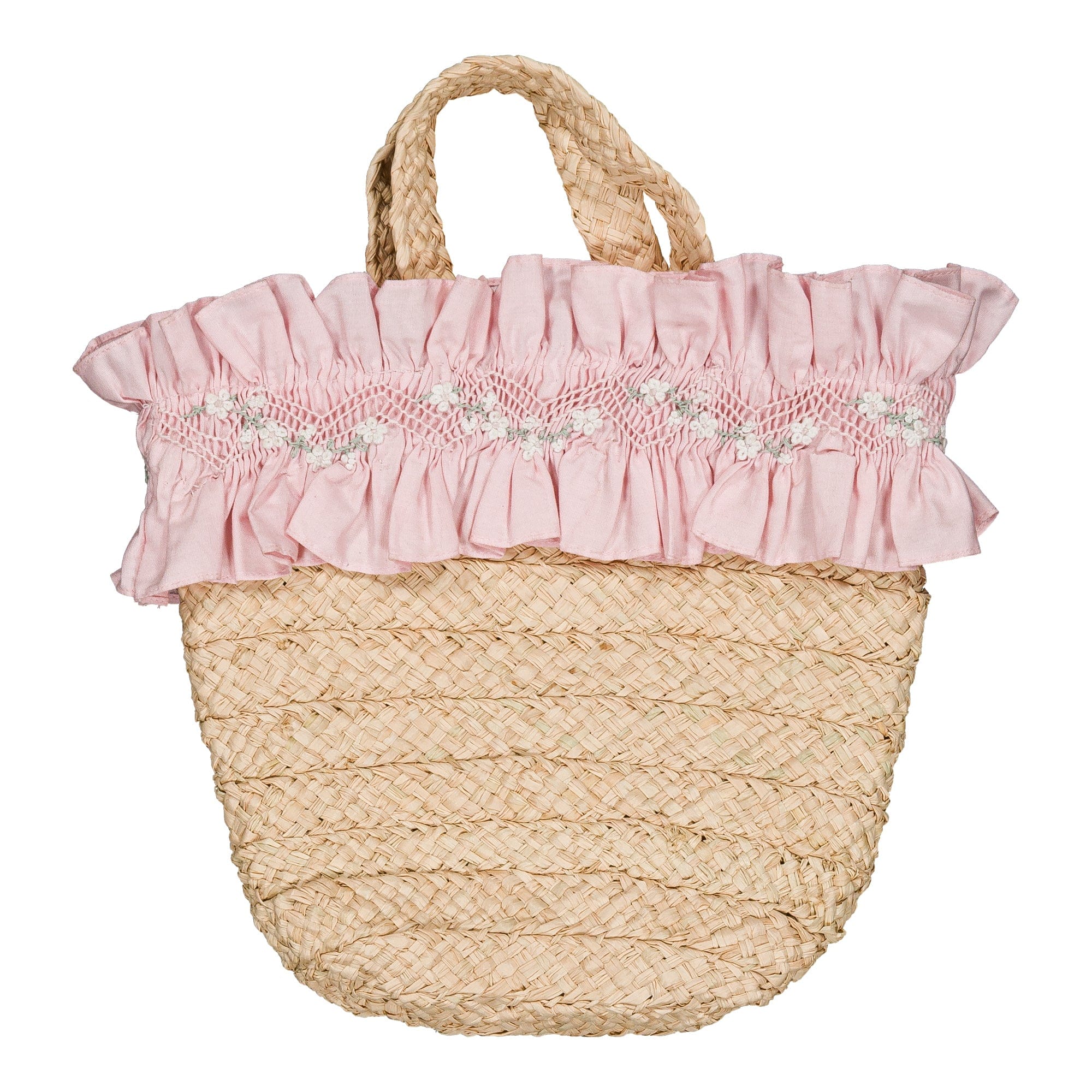 Pénelope, smocked raffia bag, in Fairy Tale pink Poplin
