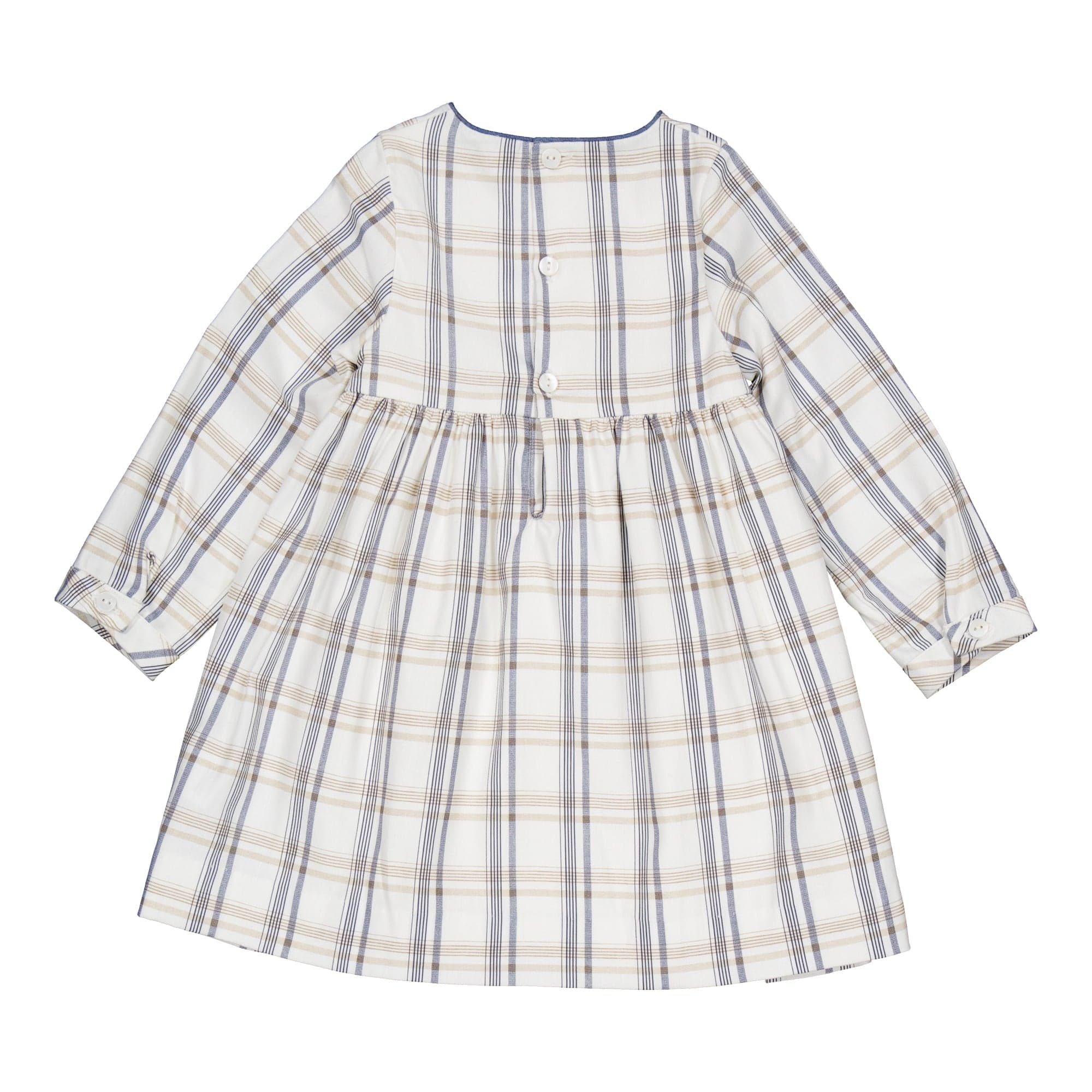 Rachel, robe smockée en tartan beige et marine