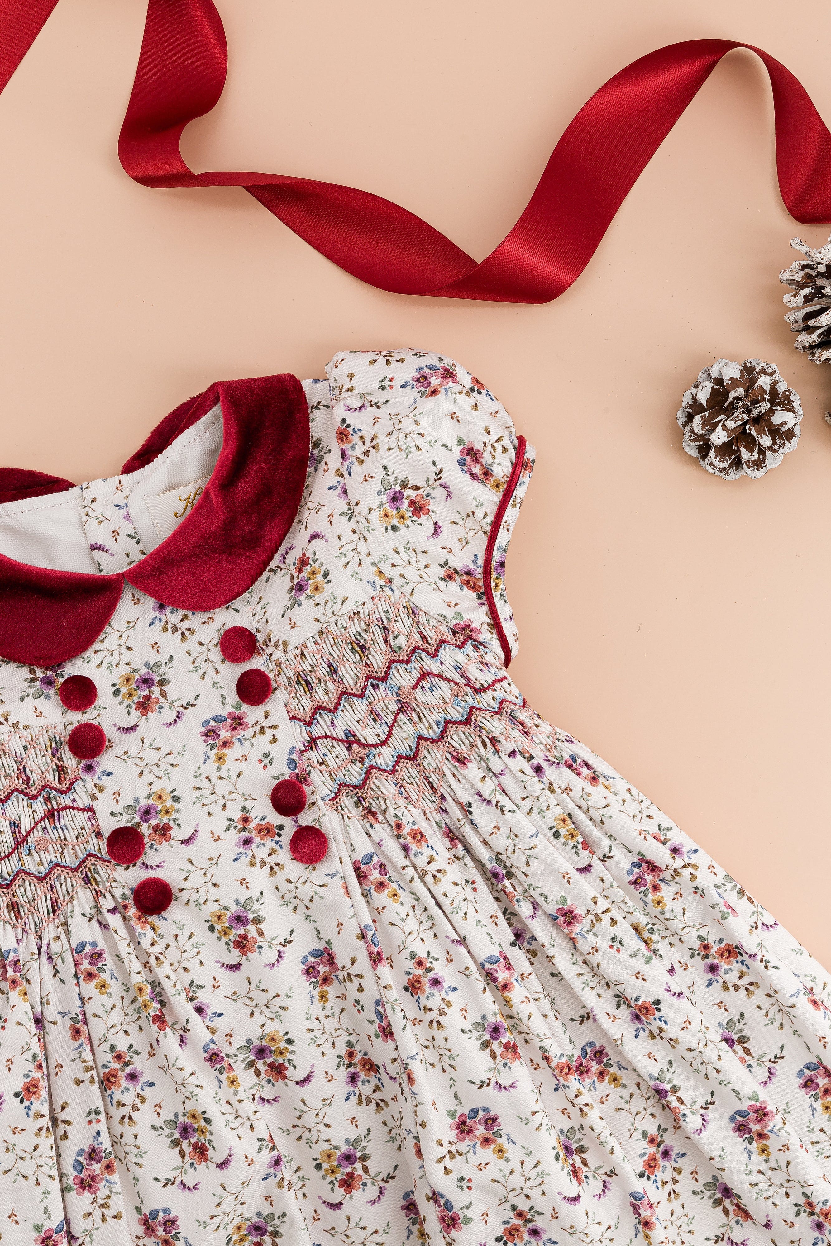 Rison, smocked dress, in Winter bouquet print with burgundy velvet collar