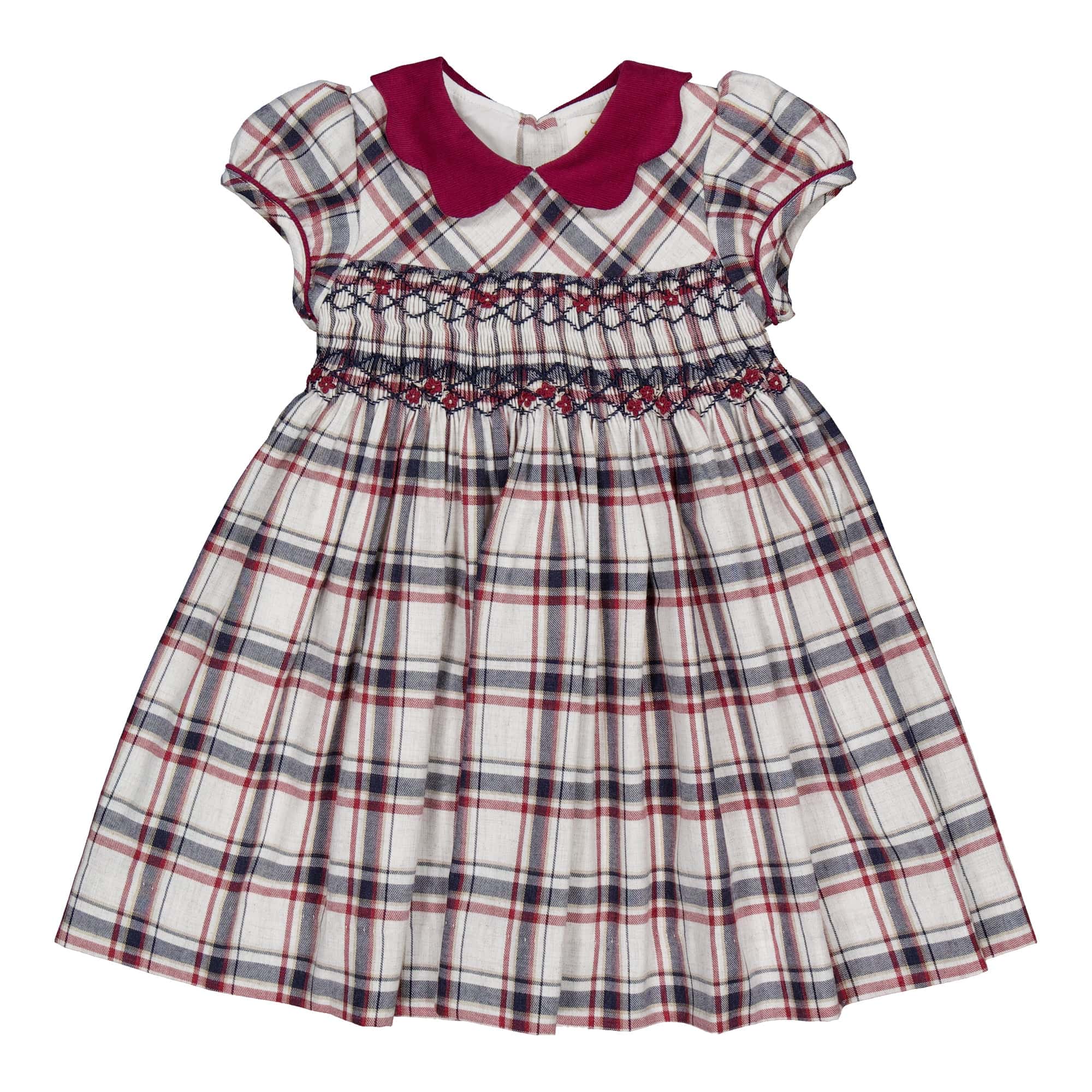 Ritha, smocked dress, in Navy and burgundy tartan with burgundy cordur