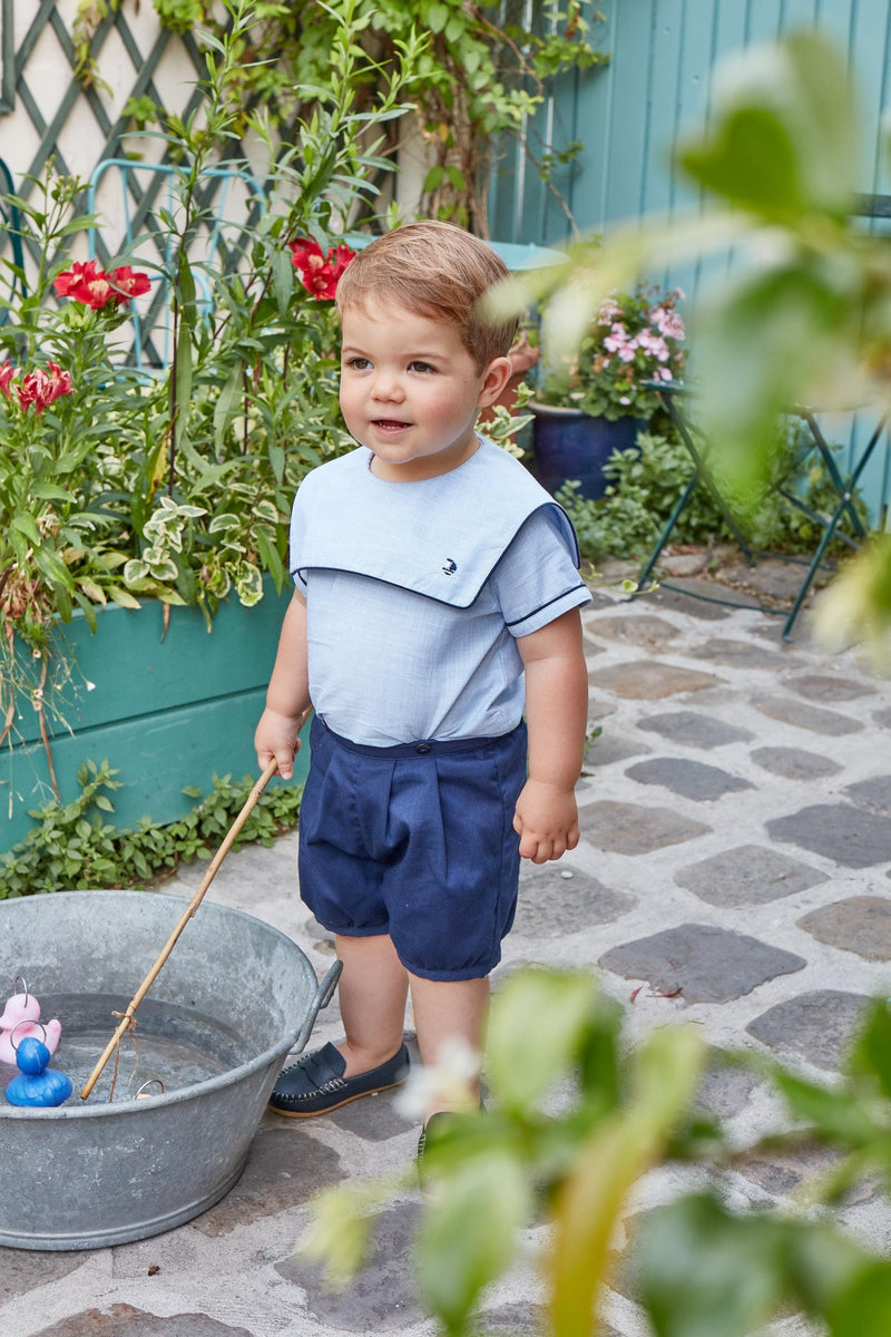 Robinson, baby boy set made up of a navy bloomer and a shirt with sailor embroidered collar, in Thin blue and whites stripes