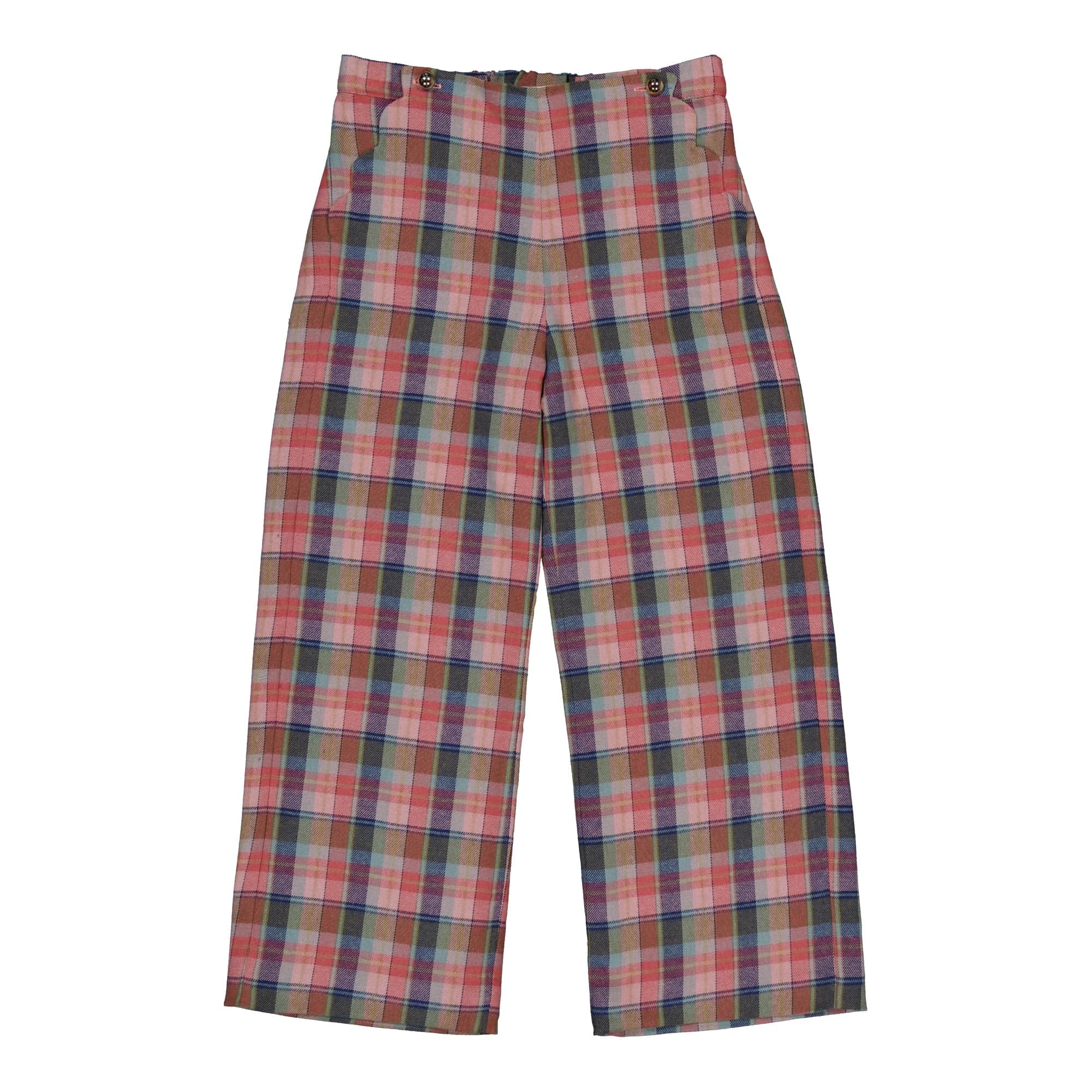Solène, pantalon fille, en tartan rose aurora