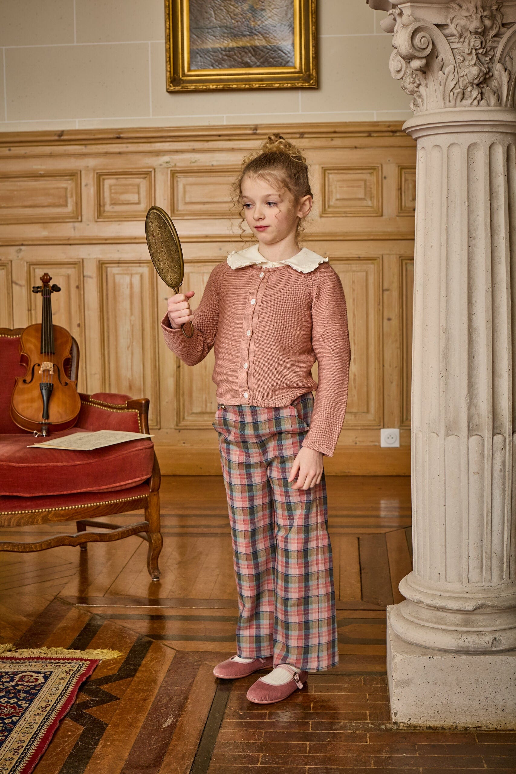 Solène, pantalon fille, en tartan rose aurora