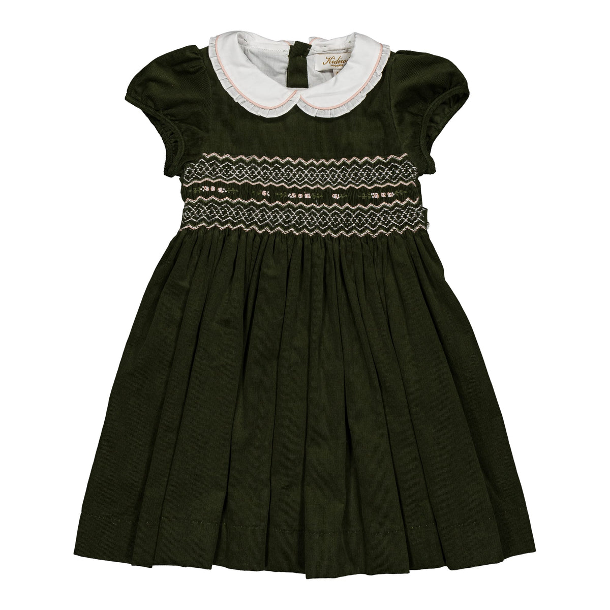 Sybelle MC, Robe smockée pour fille en velours côtelé olive