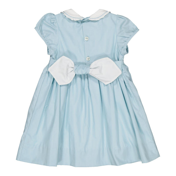Sybelle, smocked dress with peter pan collar and puffed sleeves, in Blue deck poplin