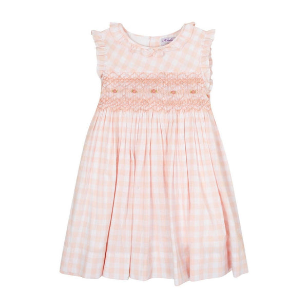 Acacia, Robe sans manche col et manche volanté, smock à la taille, vichy nude 10mm - Sleeveless dress with ruffled collar and sleeves, smock at the waist, nude gingham 10mm