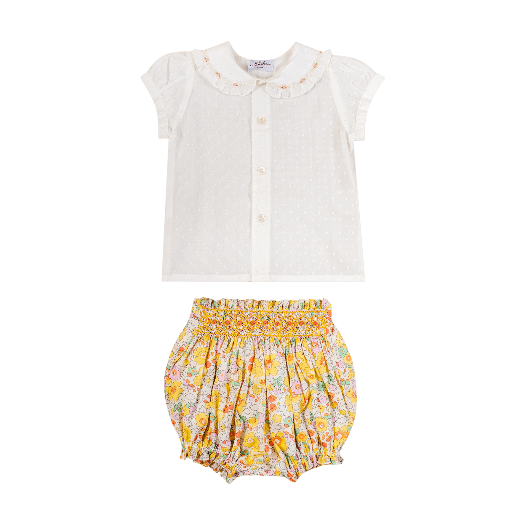 Chemise en plumetis blanc cassé BIO, col claudine à smocks