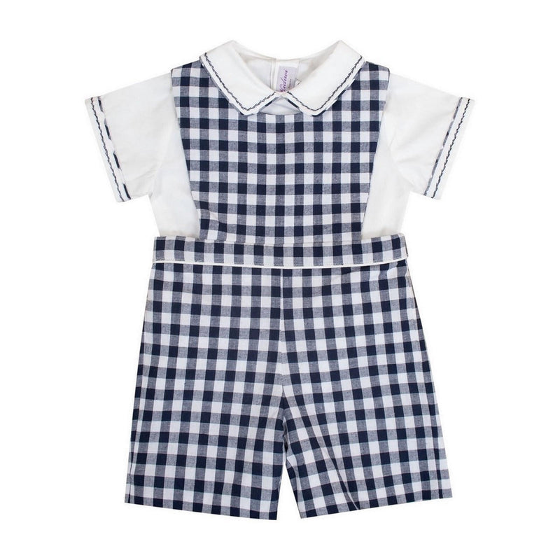 Clovis, chemise garçon manches courtes, col macmilan et bout de manches passepoilé et brodé marine, en popeline blanche - White poplin boy's short-sleeved shirt, mac milan collar, in Navy gingham piping and navy embroideries on sleeve ends