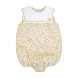 Vipérine, barboteuse bébé sans manche, col plastron blanc passepoilé devant et dos, en imprimé fleurs jaunes