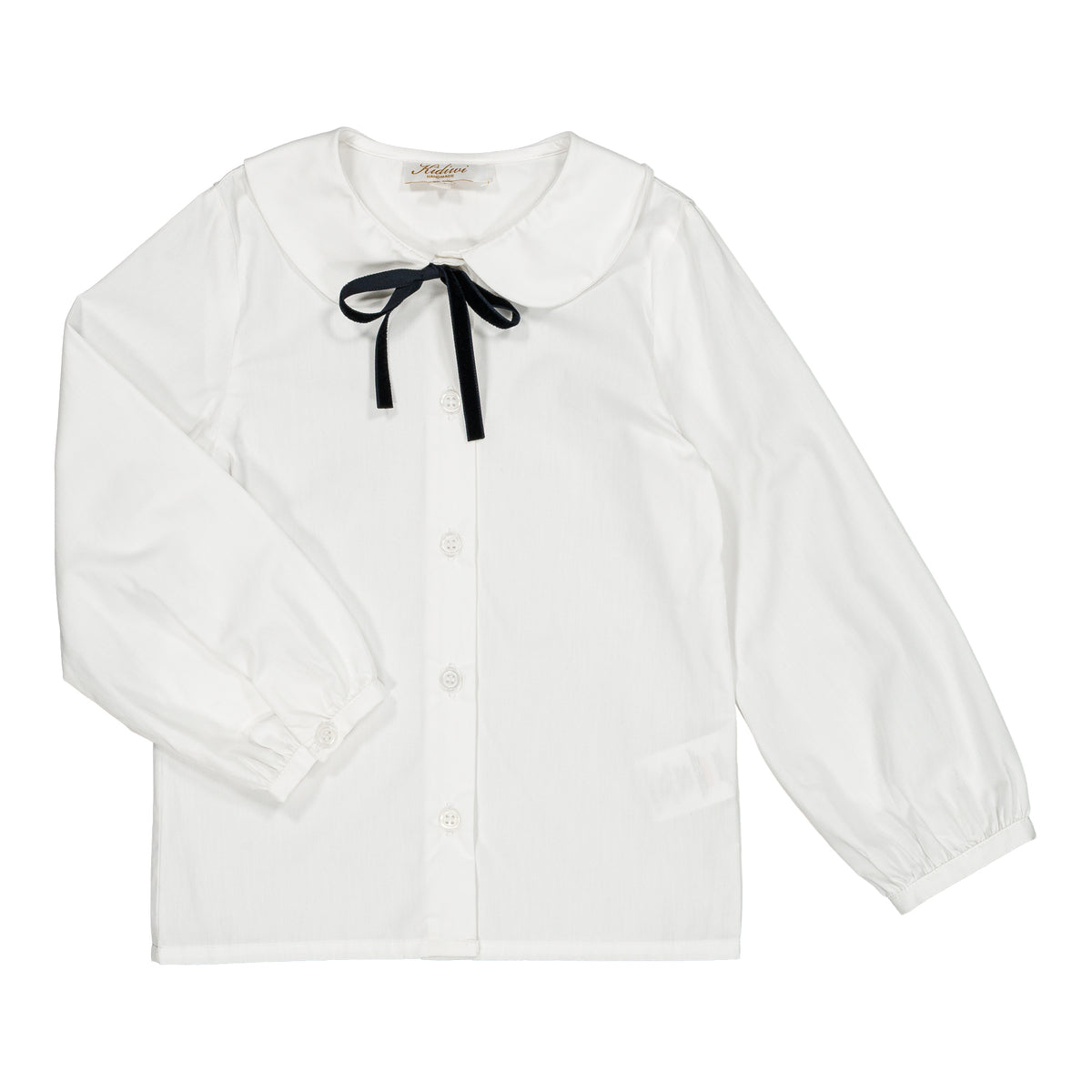 Octavia, girl blouse, in white poplin with navy ribbon