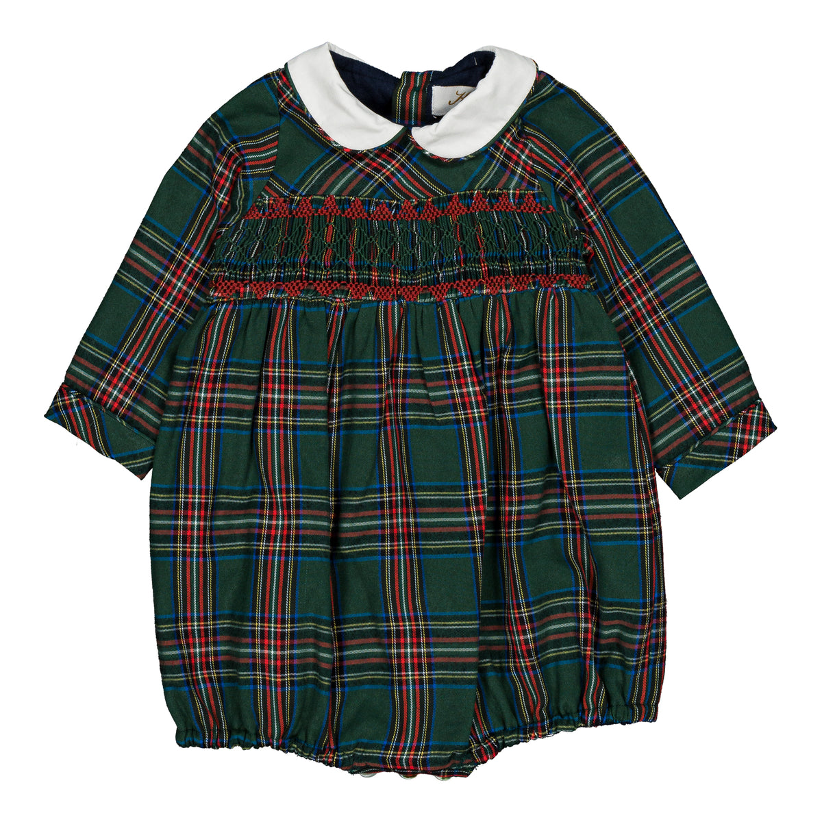 Jeannot, smocked boy romper, in Emerald green tartan