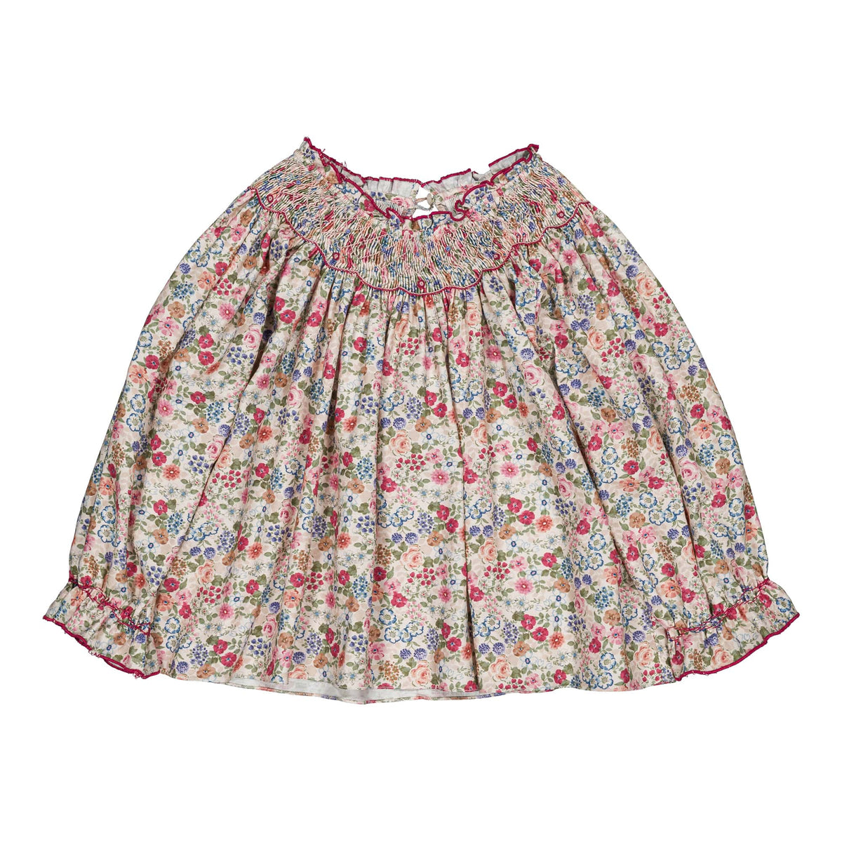 Maëline, smocked girl blouse, in Pink and raspberry floral print