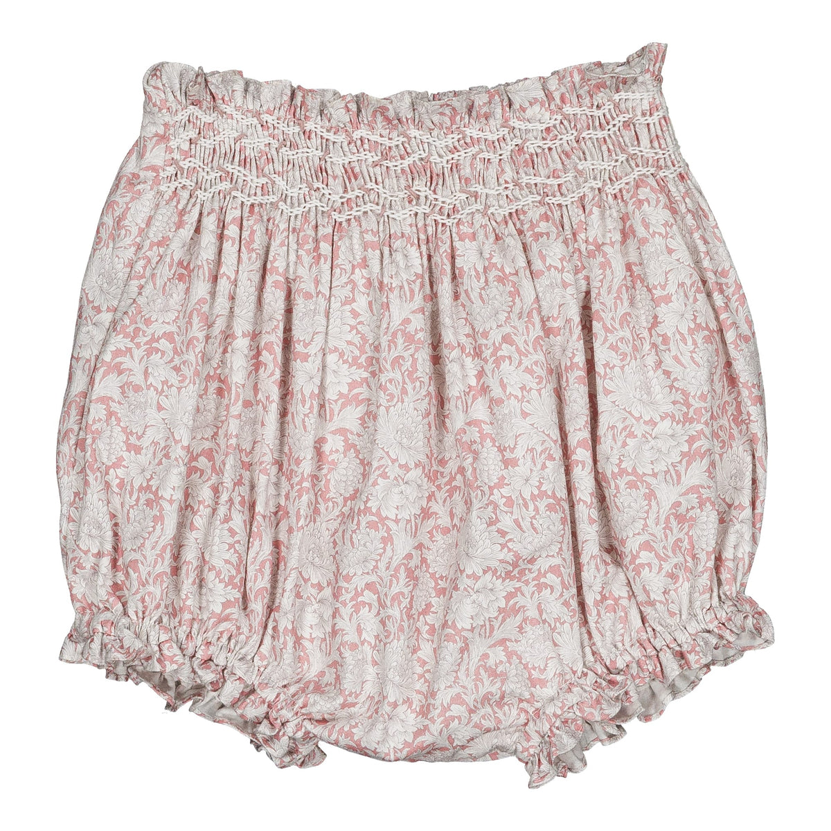 Myrtille, smocked girl bloomer, in Pink rococo print