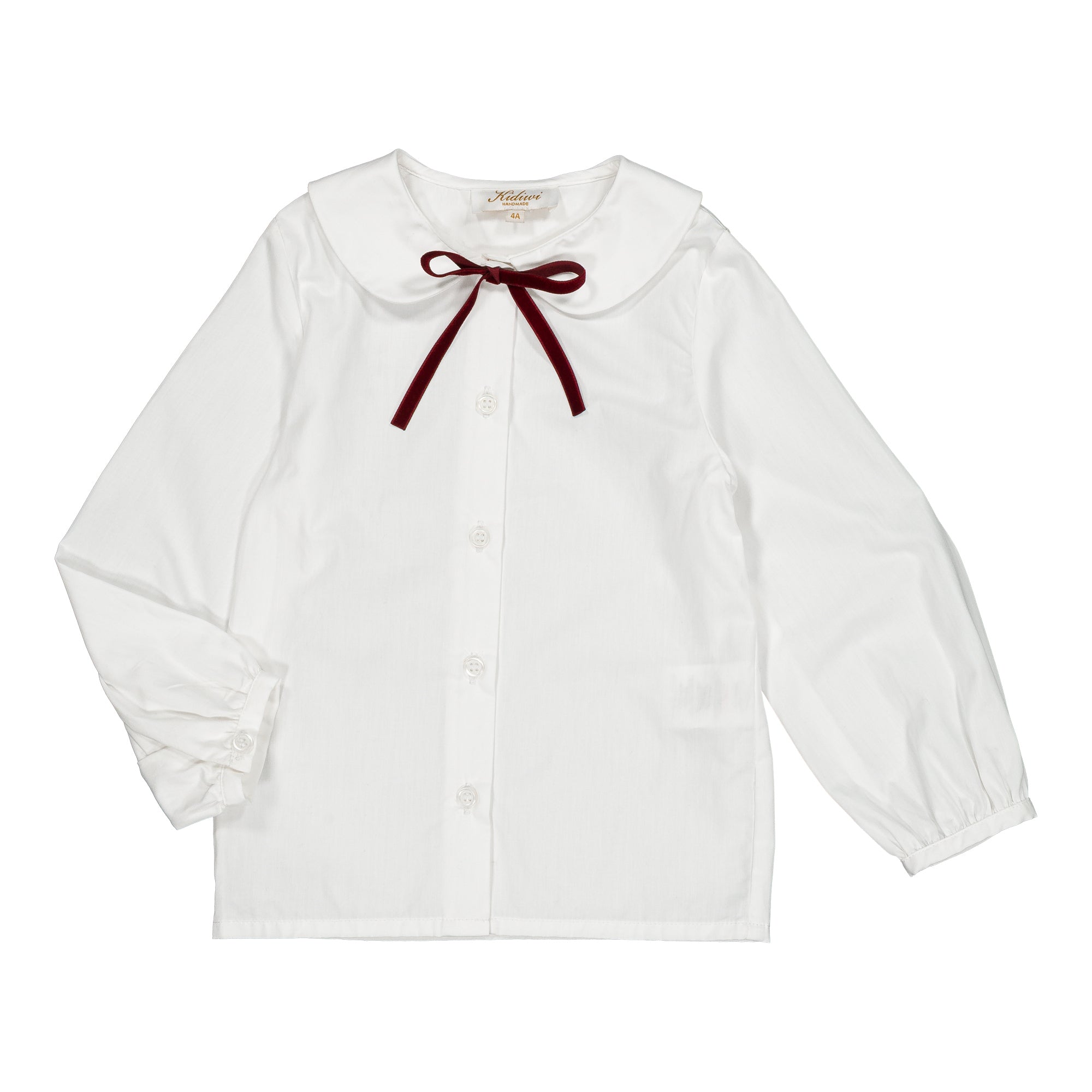 Octavia, girl blouse, in white poplin with burgundy ribbon