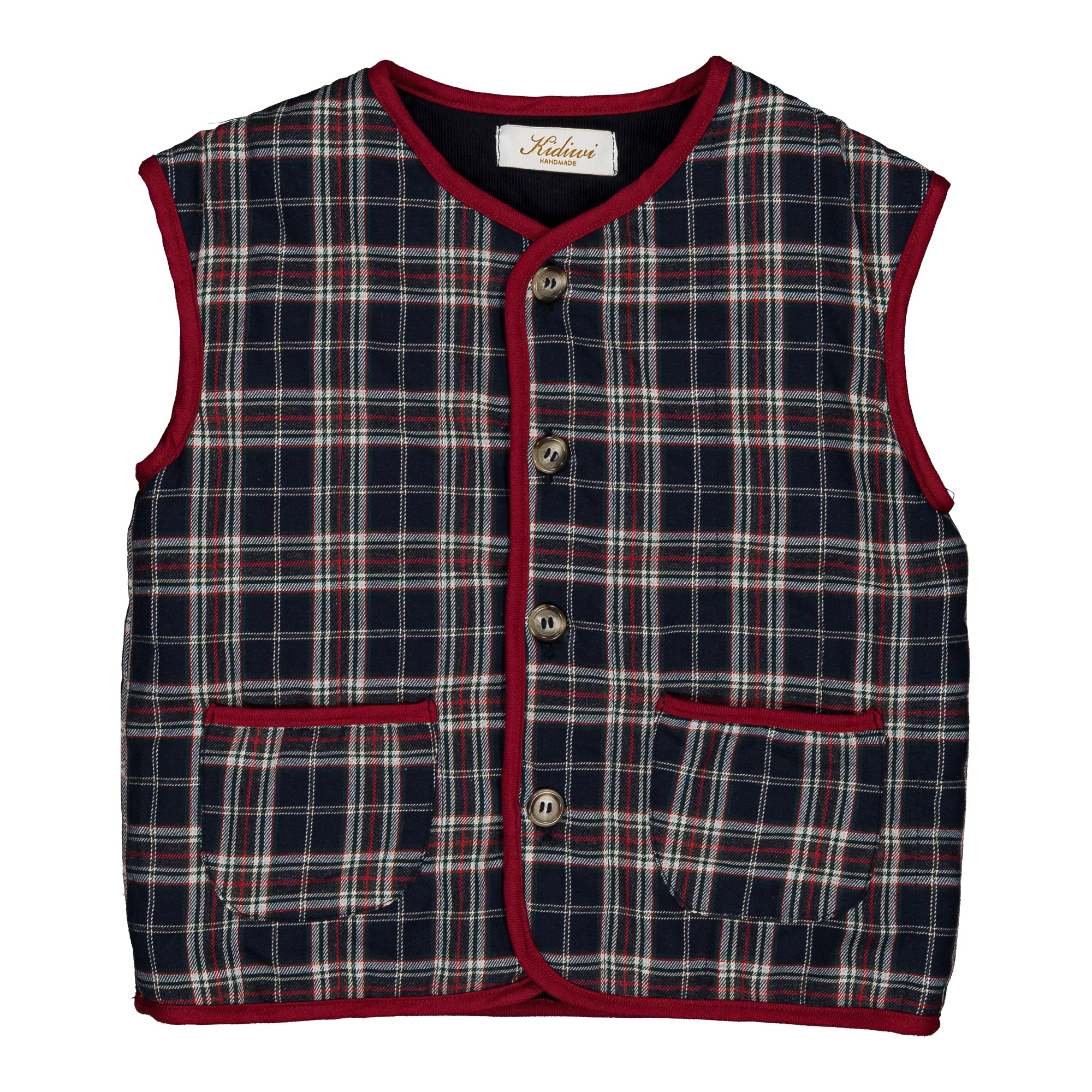 Béranger, reversible sleeveless jacket, in navy blue and red burgundy tartan & Navy corduroy