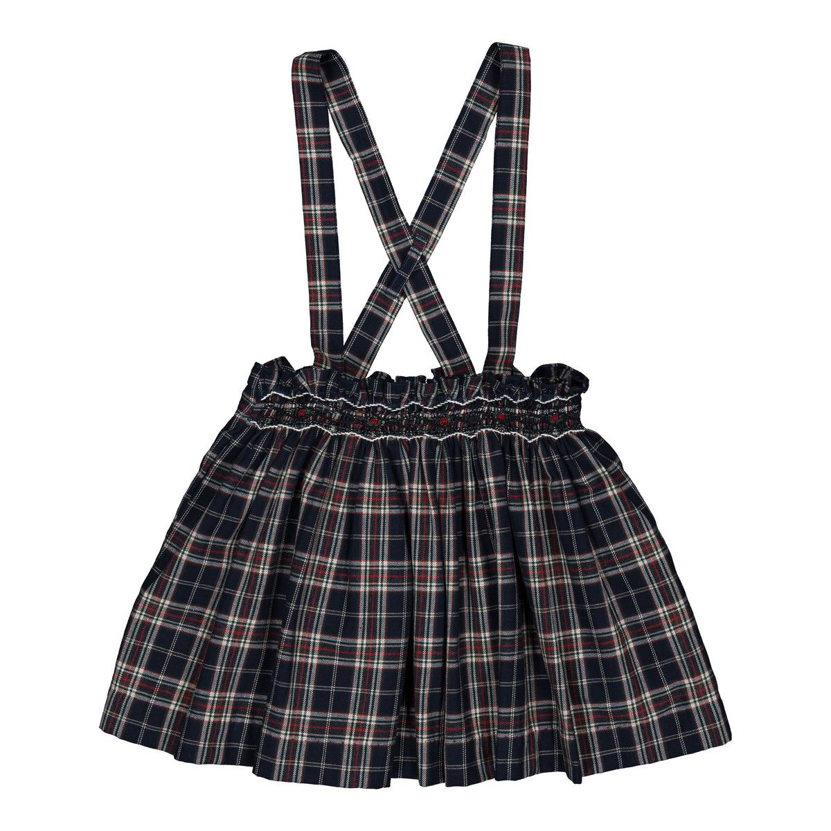 Louise, smocked skirt, in navy blue and red burgundy tartan