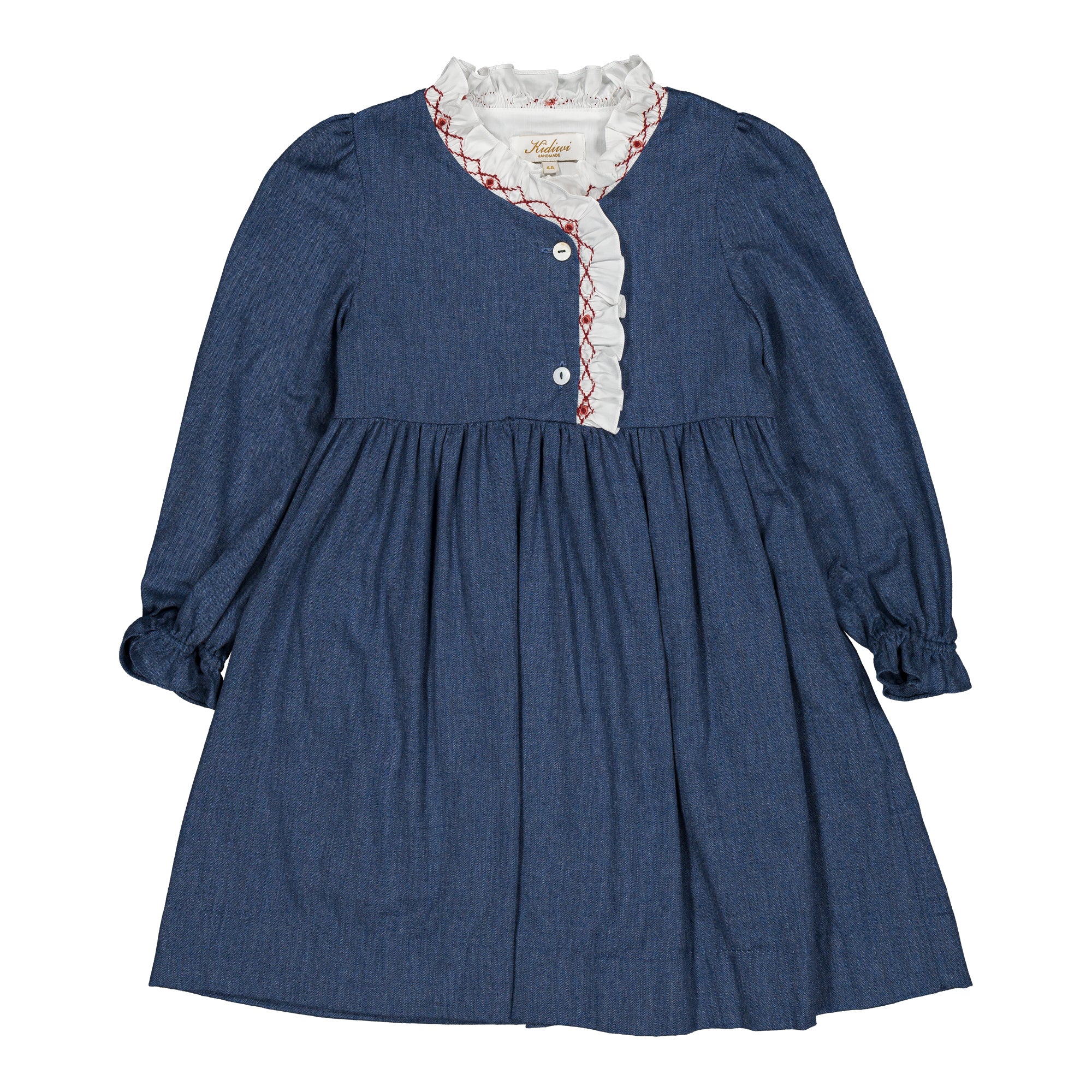 Babeth, girl dress, in Blue denim light herringbone