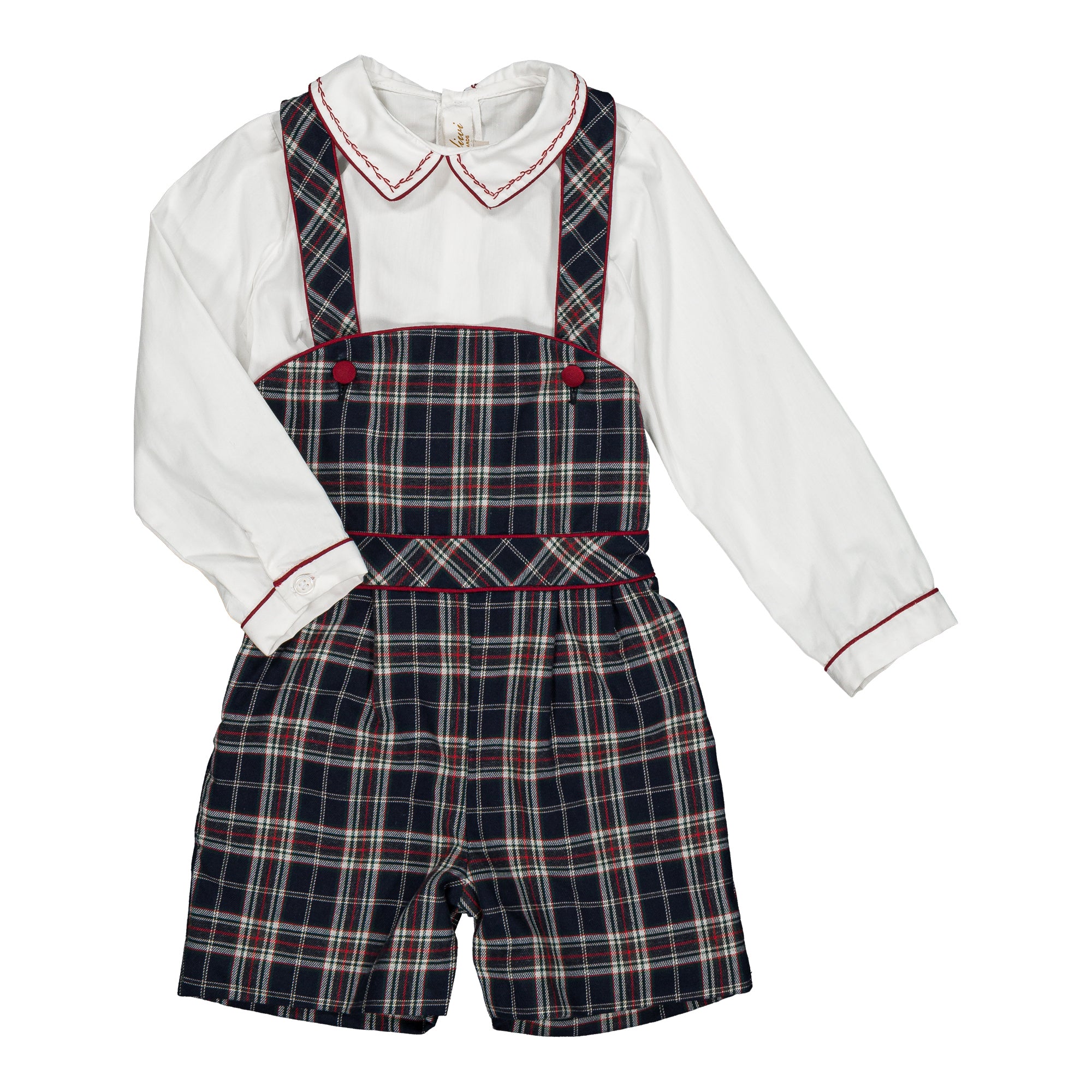 Basile & Firmin, baby boy set, in White poplin & navy blue and red burgundy tartan