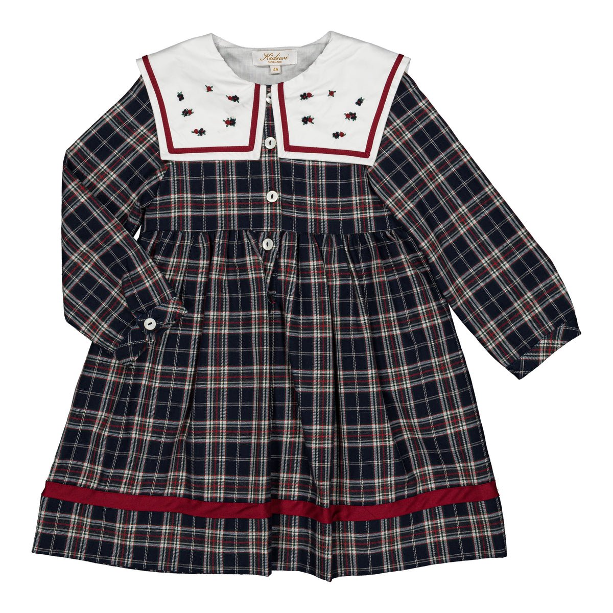 Paola, girl dress, in navy blue and red burgundy tartan