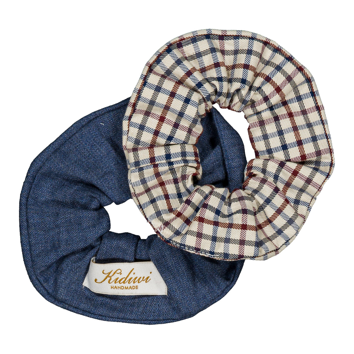 Tic & Tac, set of 2 scrunchies, in Off-white, navy blue and burgundy red checks & Blue denim light herringbone