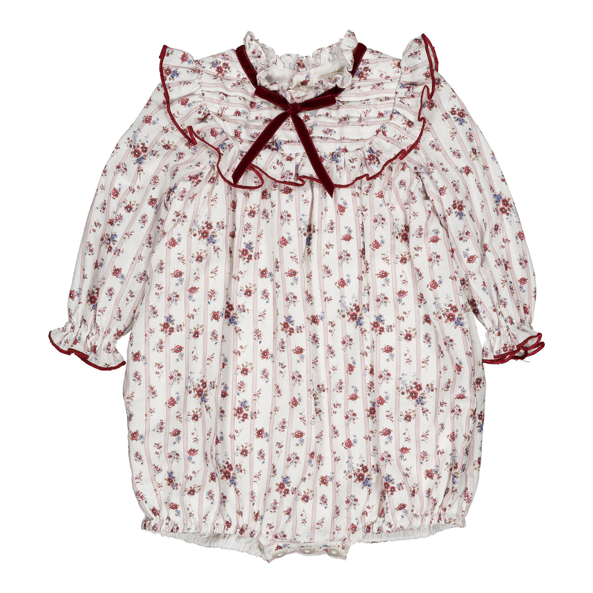 Horsia,  girl romper, in Burgundy red floral print with stripes