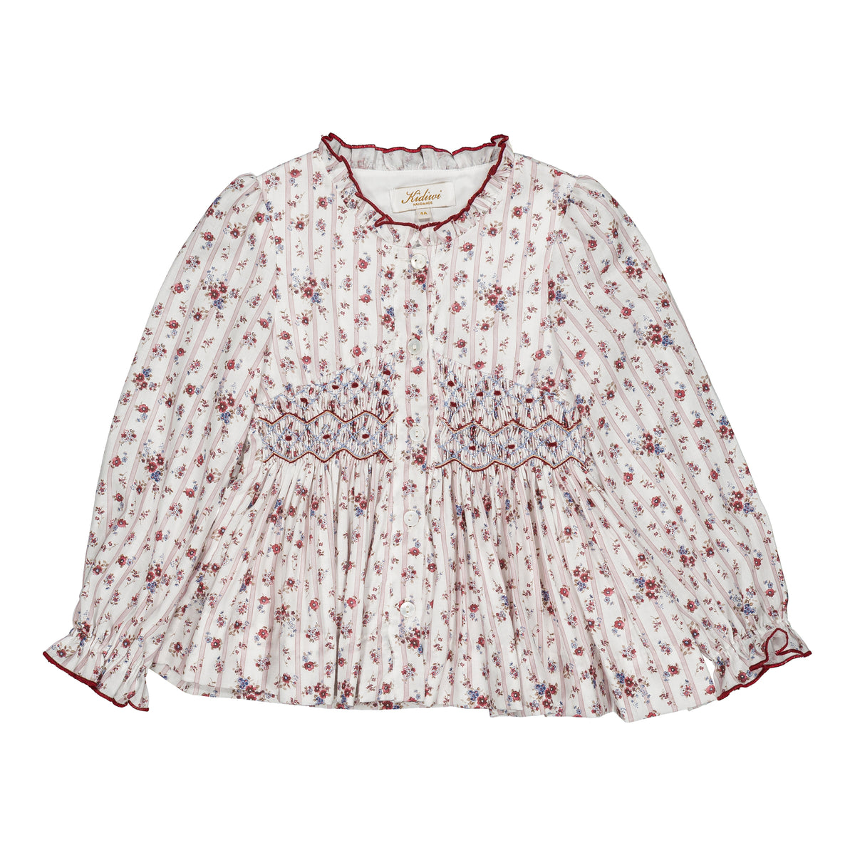 Dolores, smocked girl blouse, in Burgundy red floral print with stripes