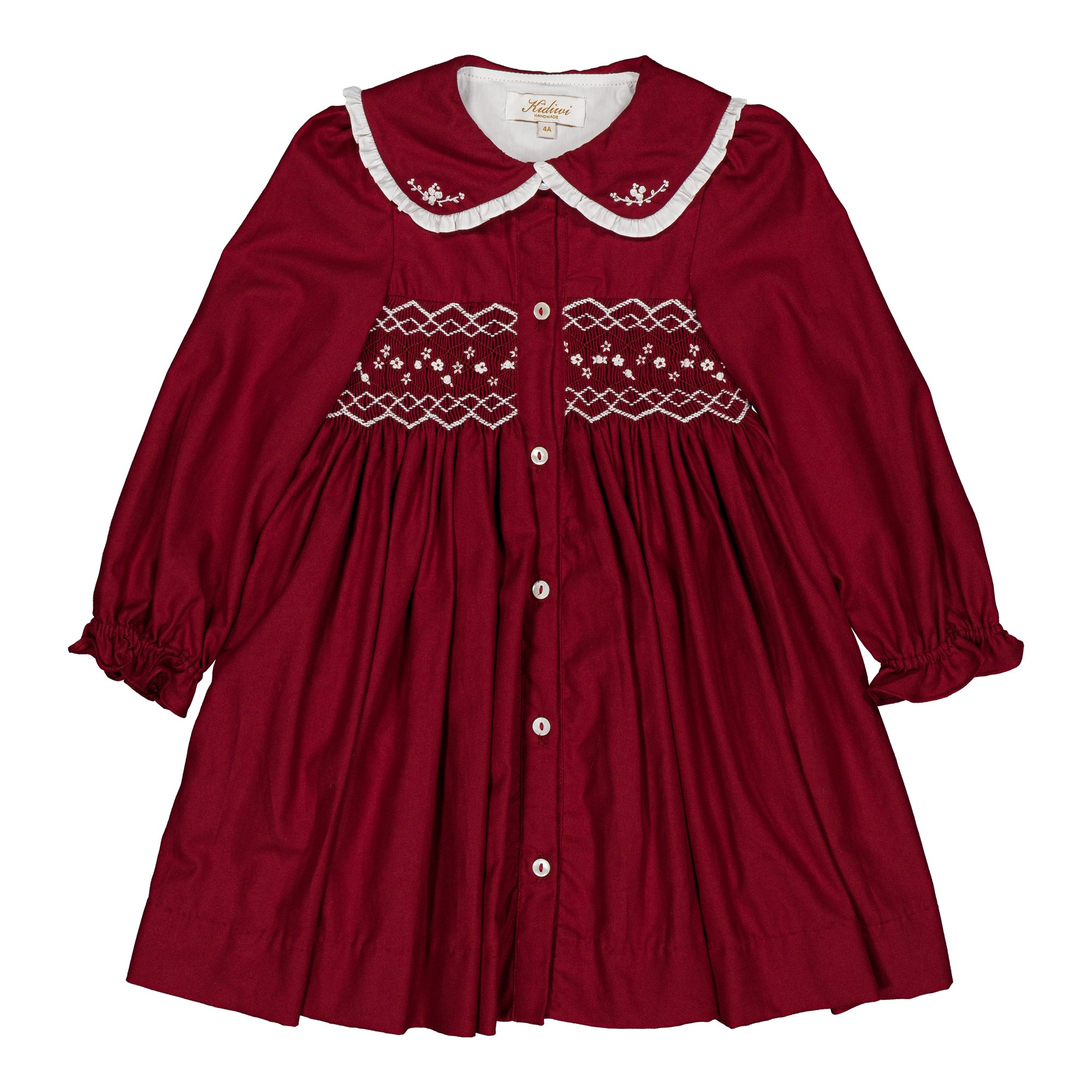 Philippine, smocked girl dress, in Burgundy organic cotton twill