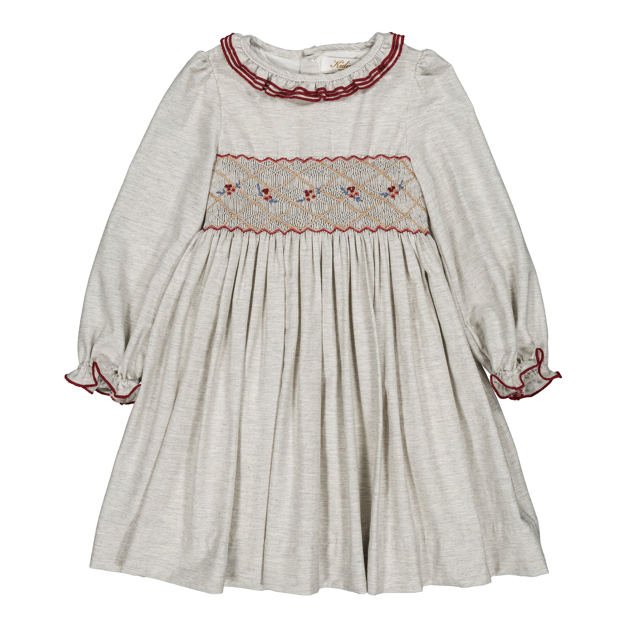 Hars ML, smocked girl dress, in Grey melange organic cotton twill
