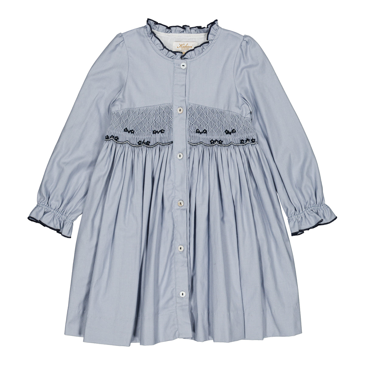 Lola, smocked girl dress, in Artic blue organic cotton twill