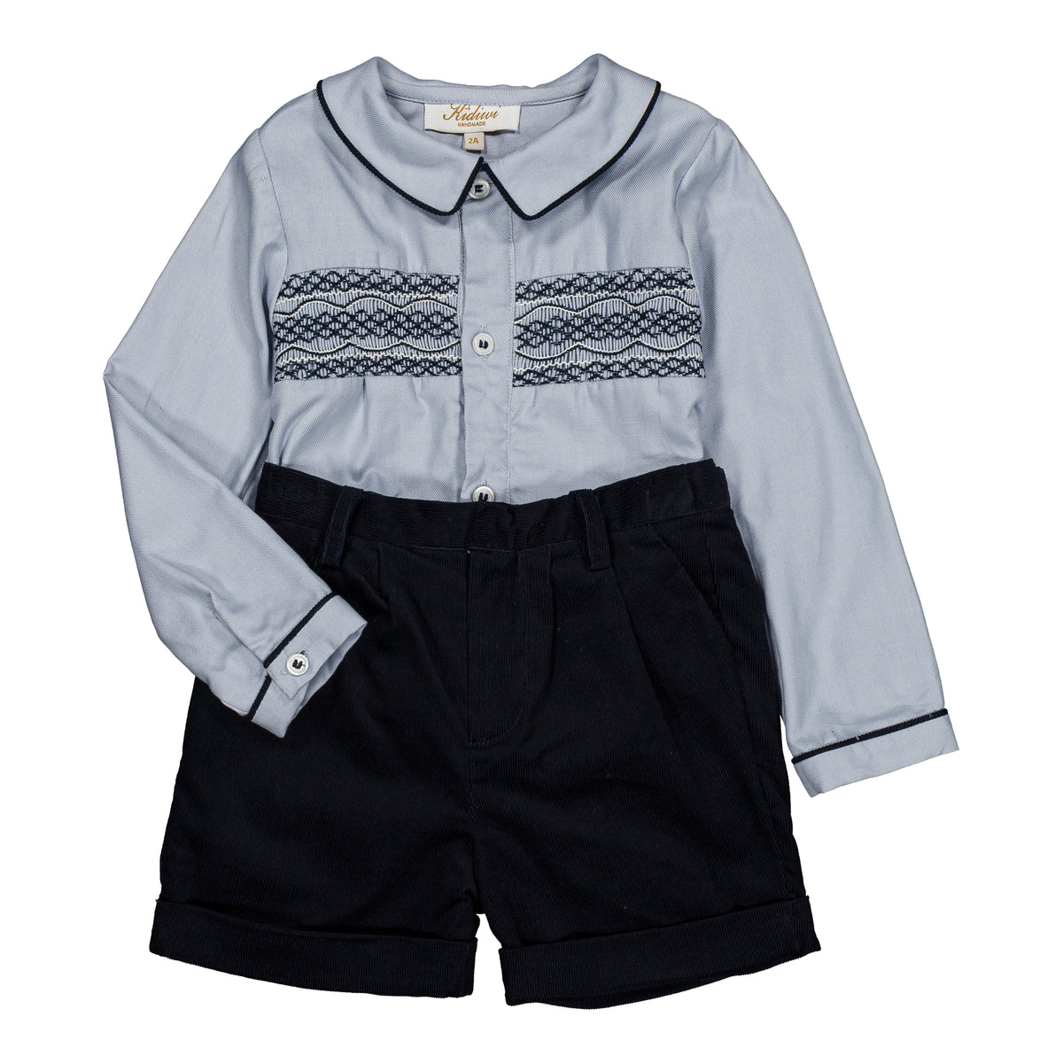 Benoît, smocked boy set, in Artic blue organic cotton twill & Navy corduroy