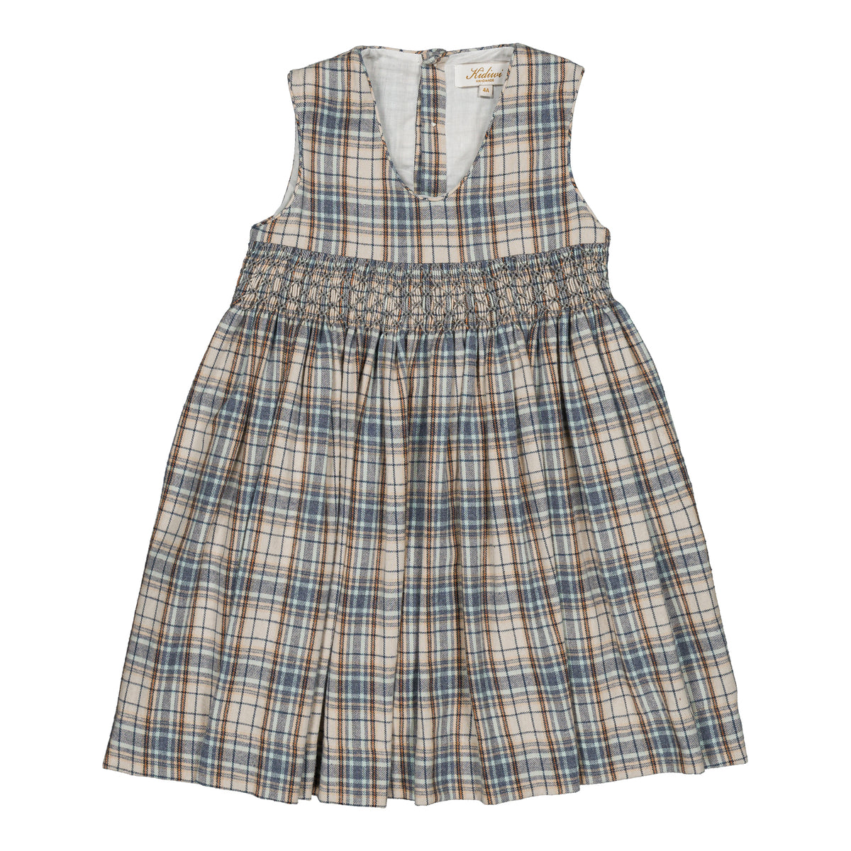 Carmelle, smocked pinafore girl dress, in Blue-grey tartan